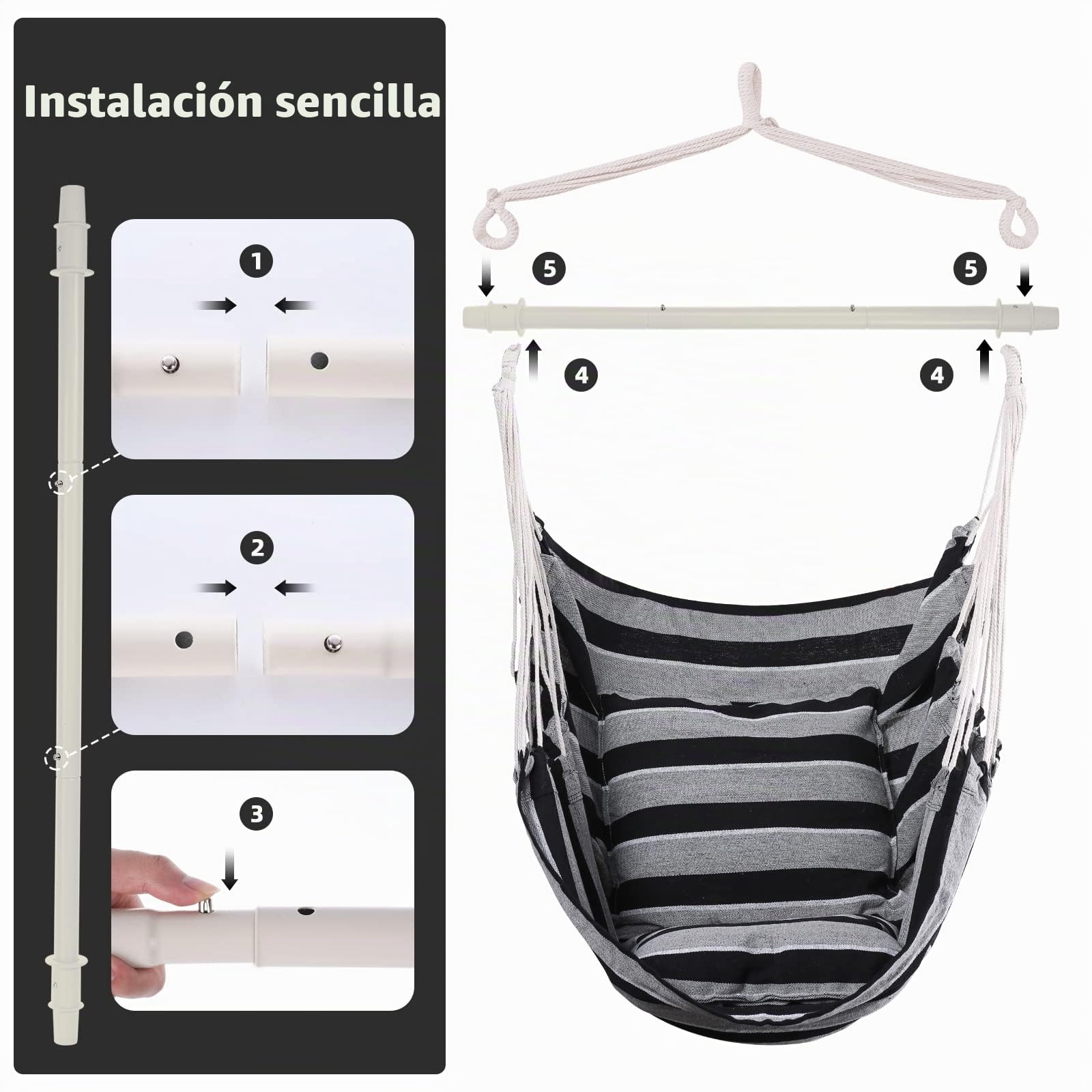 Goutime Silla Columpio Silla de Hamaca Grande de algodón Suave con Dos Cojines Almohada con Bolso Interior/Exterior/Dormitorio/balcón/Hamaca Asiento Jardin,Soporta hasta 330 LB (Negro grisáceo)