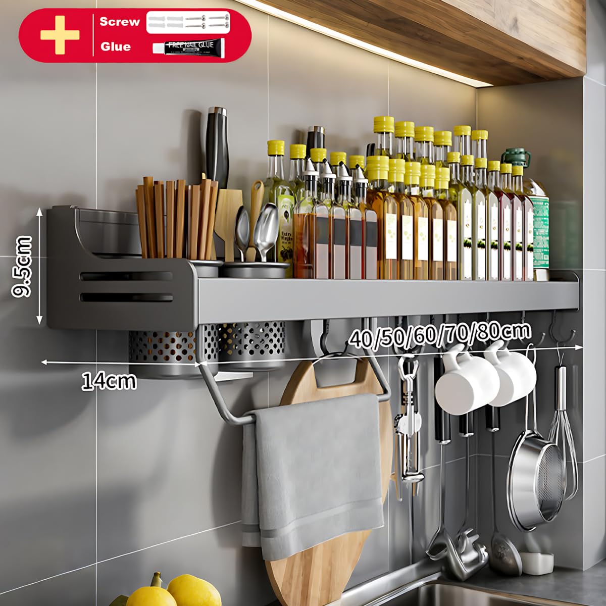 Hovoto Spice Rack Wall Mounted, Shelf Hanging Kitchen, Utensil Rack, Kitchen Shelf Organiser, Cutlery Holder Organiser - Image 2