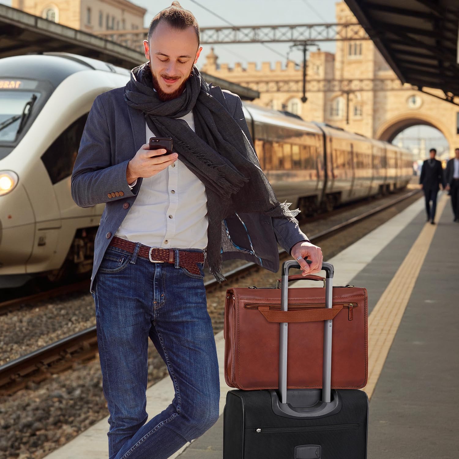 Banuce Vintage Genuine Full Grain Italian Leather Briefcase for Men with Lock 14 Inch Laptop Attache Case with Luggage Strap Brown - Image 5