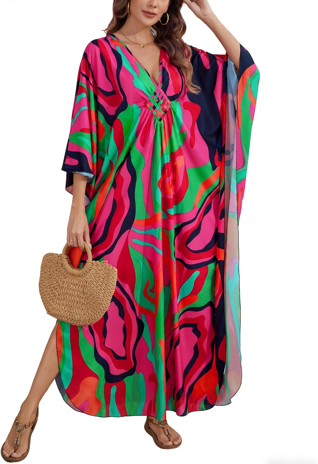 Bsubseach Kaftan Dresses for Women Colorful Print Plus Size Swimsuit Coverup Moo Moos Caftan with Pockets Vacation Outfits