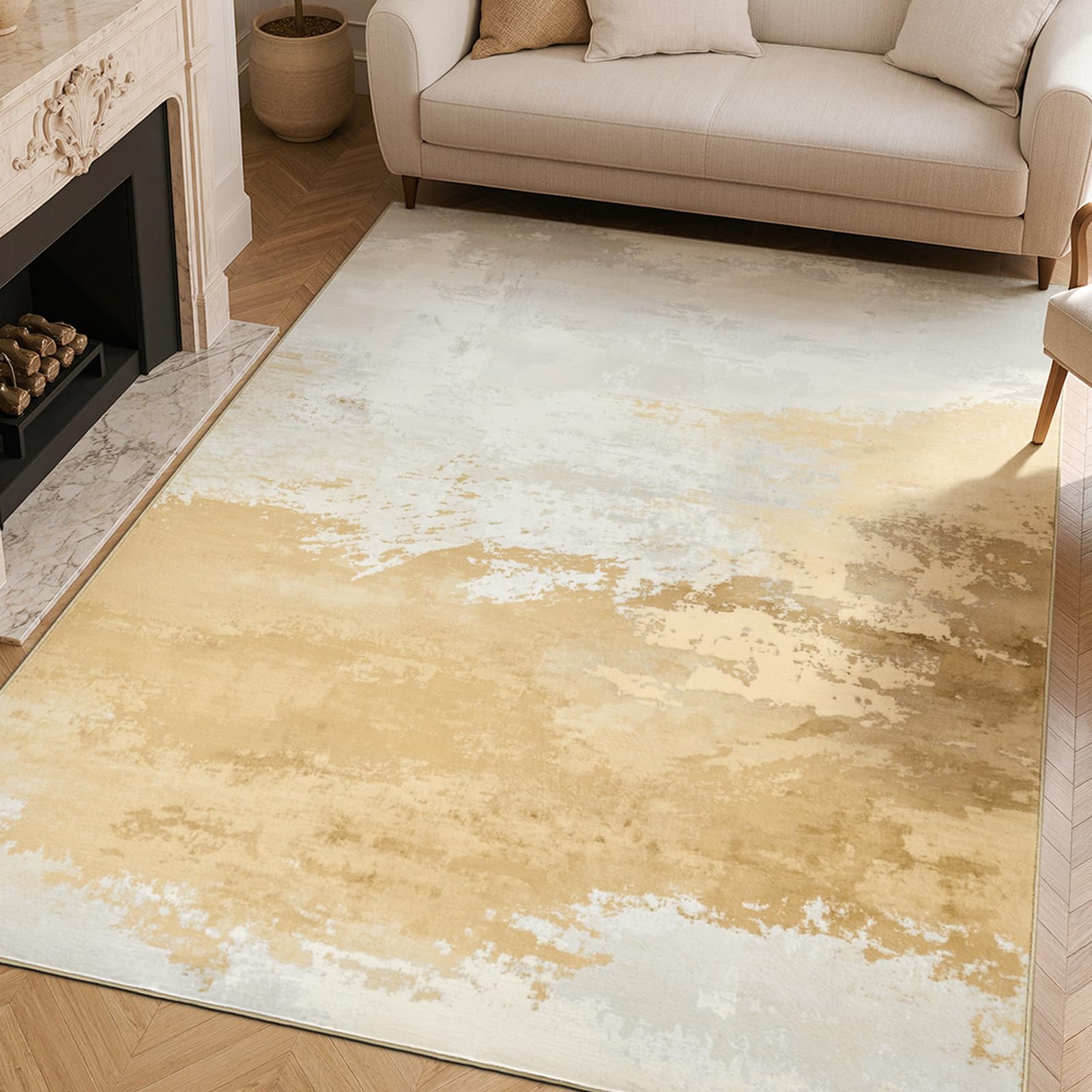 TOPICK Abstract Living Room Rug 160x230, Beige, Cashmere Texture, Washable โ image 1