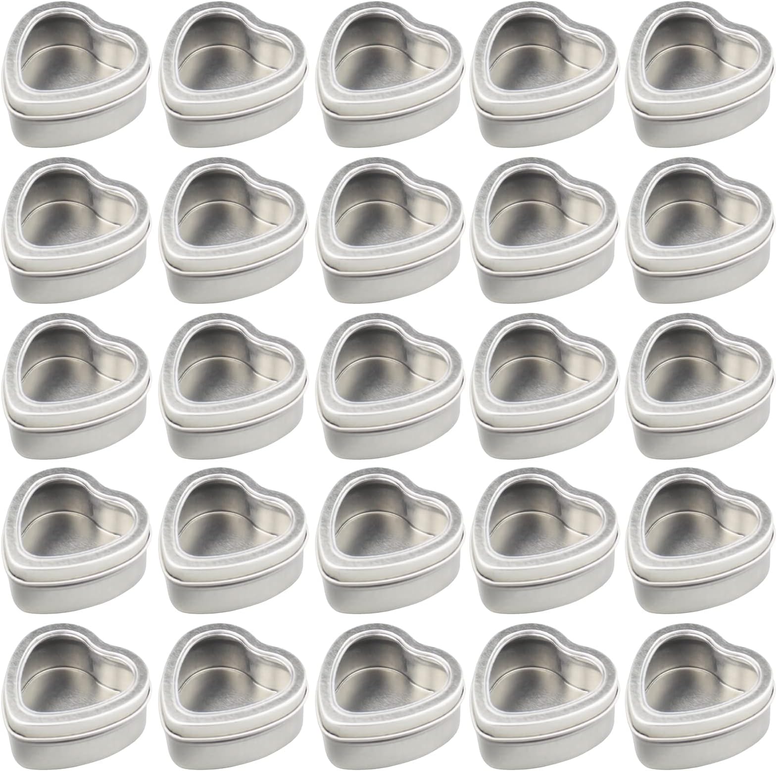 25-Pack 2oz Empty Heart Shaped Mini Metal Tins with Clear View Window Lids for Candle Making, Candies, Gifts & Treasures (Silver)