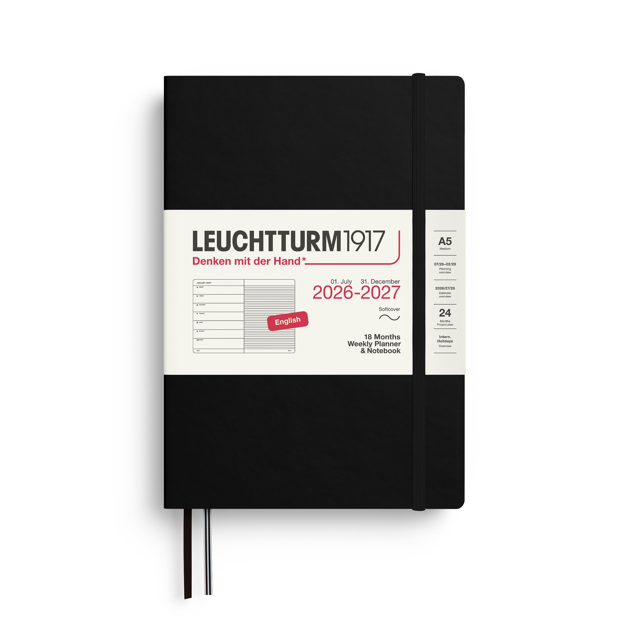 LEUCHTTURM1917 2027 A5 Weekly Planner with Notebook Lined - Diary English, 18 Months July 2026 - December 2027, Black, Soft Cover, 210 x 145 mm, Week to View Left + Note Page Right