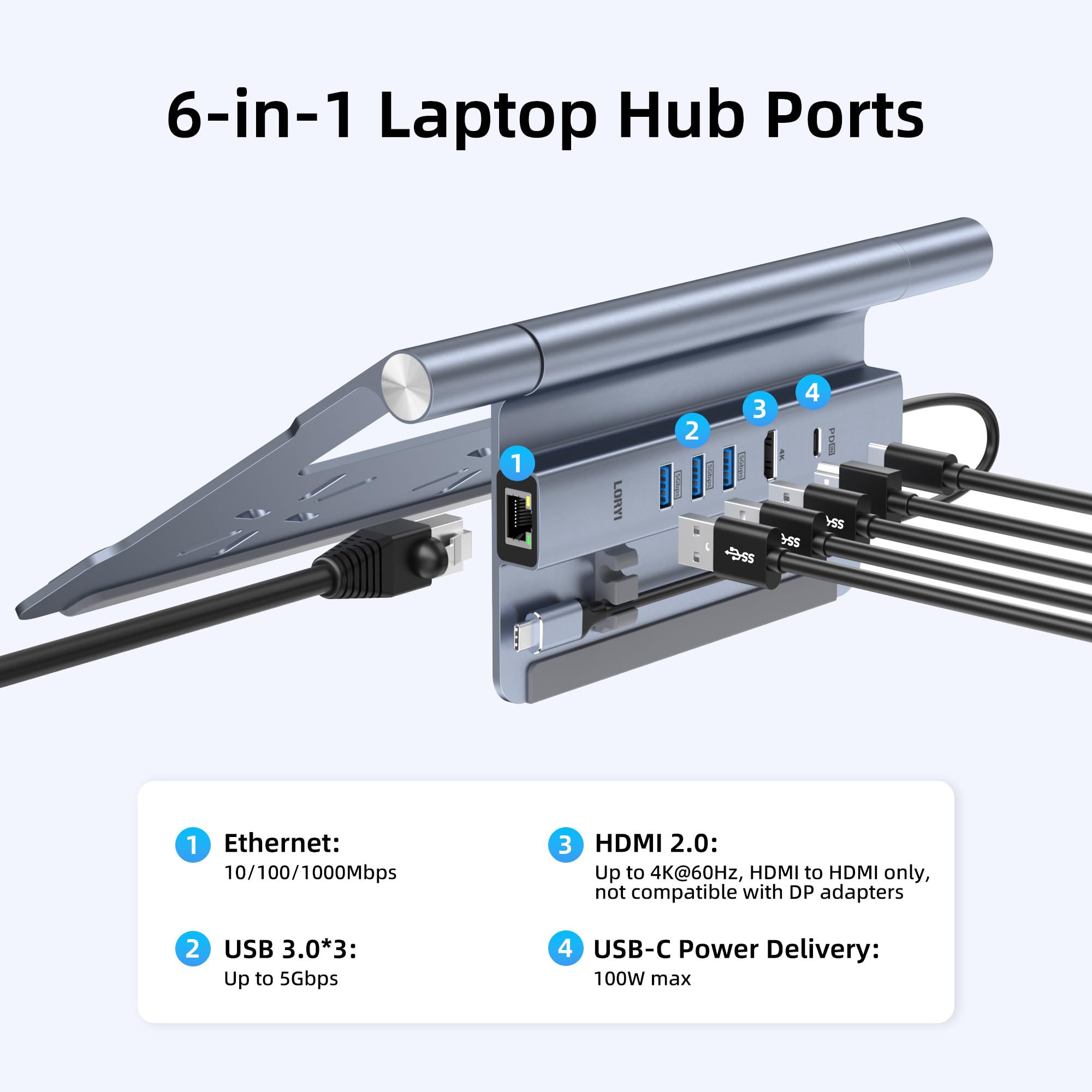Station d'accueil pour ordinateur portable pour bureau, hub USB C 6 en 1, HDMI 4K60Hz, PD 100 W, 3 concentrateurs USB 3.0, Gigabit Ethernet, support réglable en aluminium pour MacBook Air/Pro/Surface