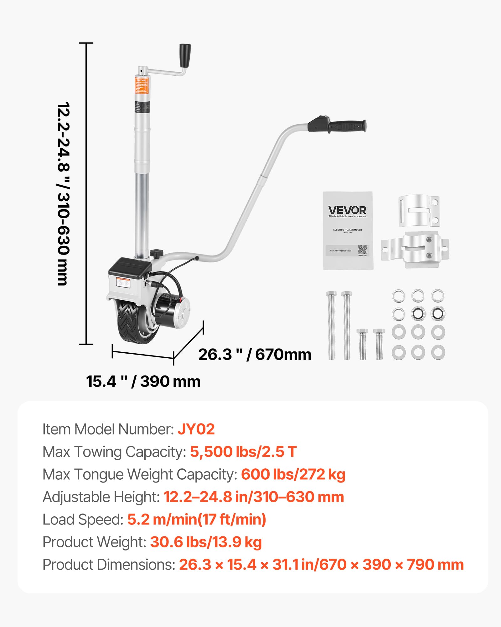 VEVOR Przyczepa elektryczna, pojemność holowania 2500 kg, 380 W, 12 V, z napędem 7 m/min, regulowana wysokość zacisku od 31 do 63 cm i opony