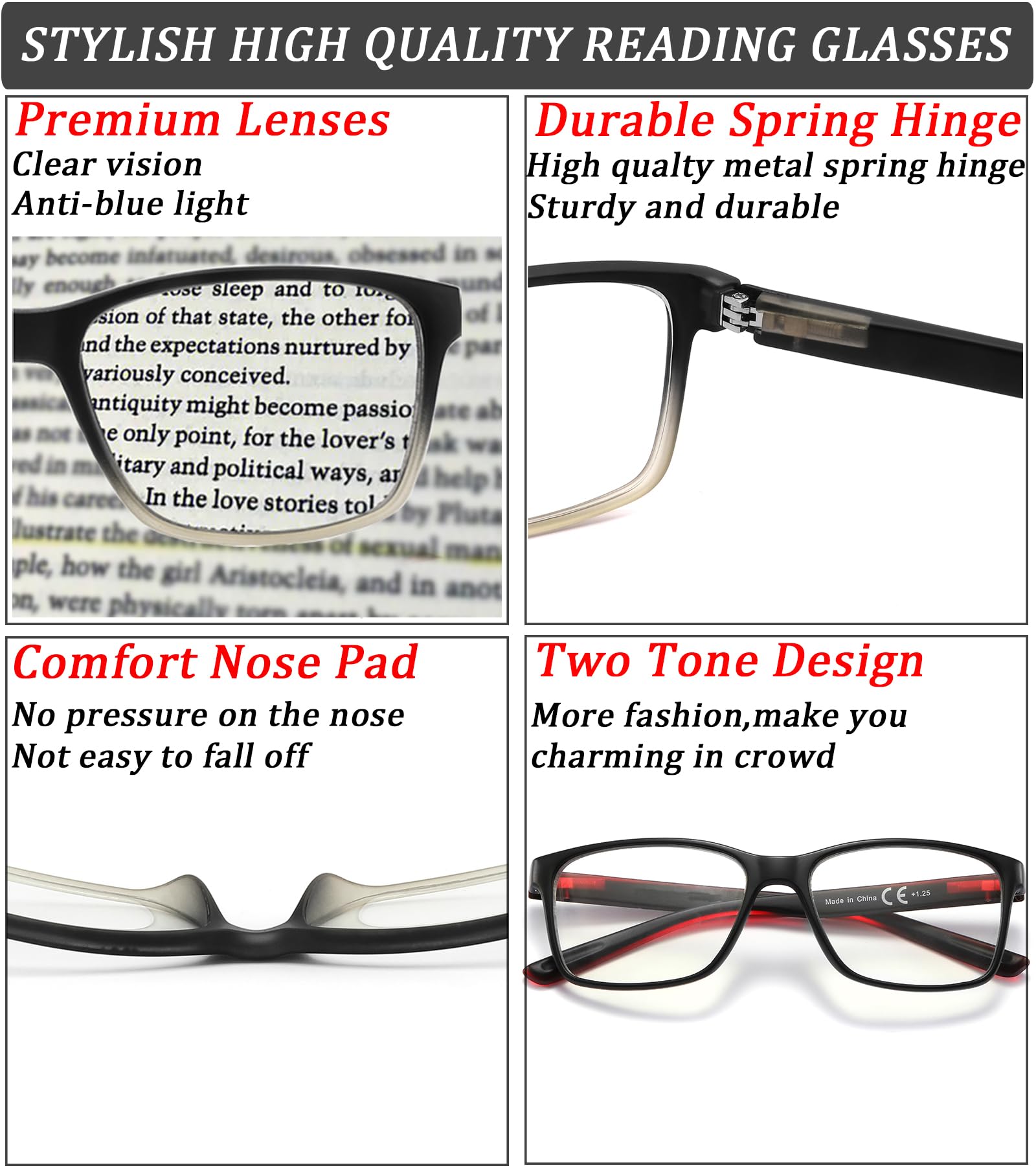Lesebrille mit blauem Licht für Herren, 4 Stück, stilvoll, für Computer, 1,5 Leser, mit Federscharnieren, Anti-Fulnis-Filter / Ermüdung der Augen, L, Packung mit 4 Farben, gemischt, A4,