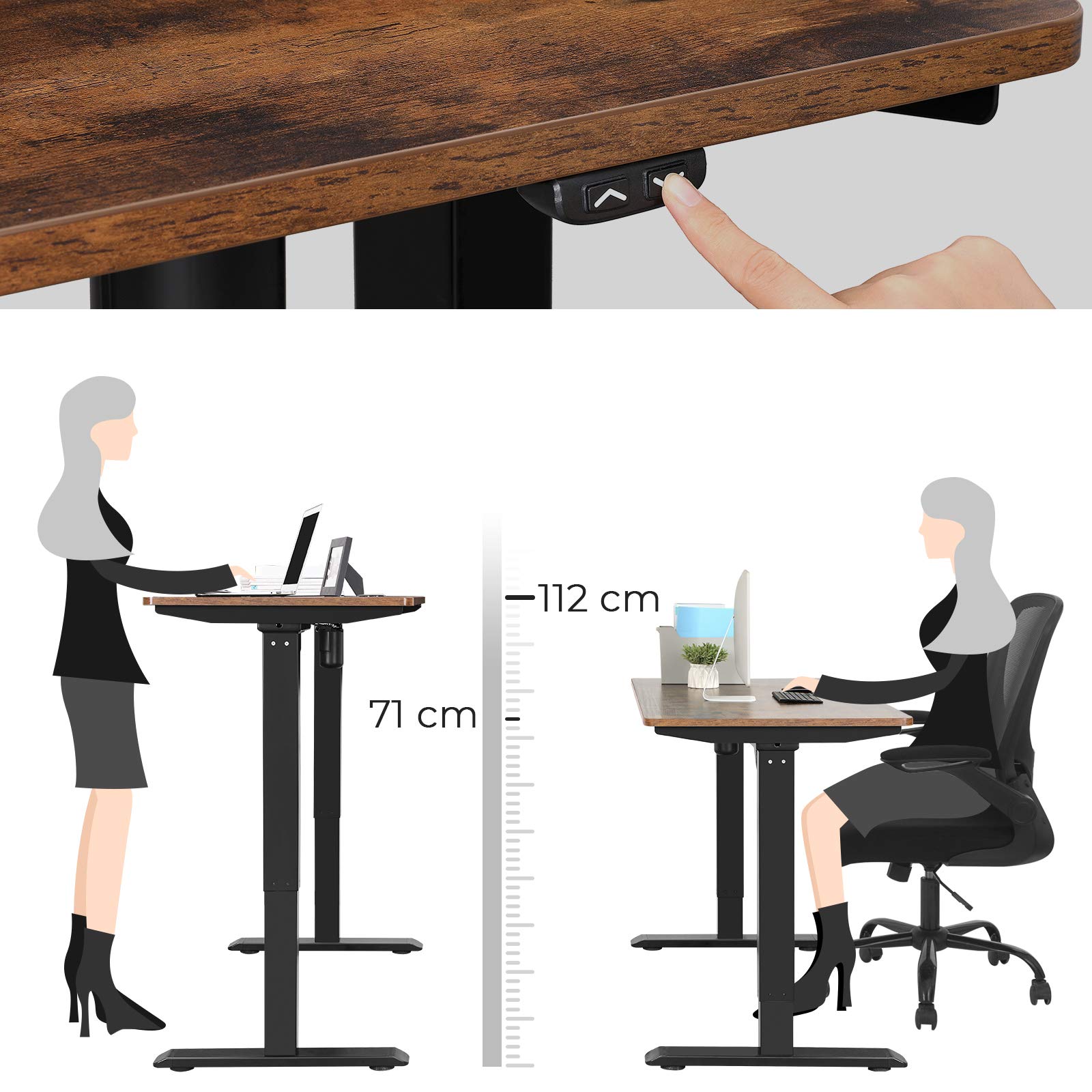 SONGMICS Support de Bureau électrique, Cadre de Table, Hauteur réglable en continu, Longueur réglable, en Acier, Noir LSD010B01