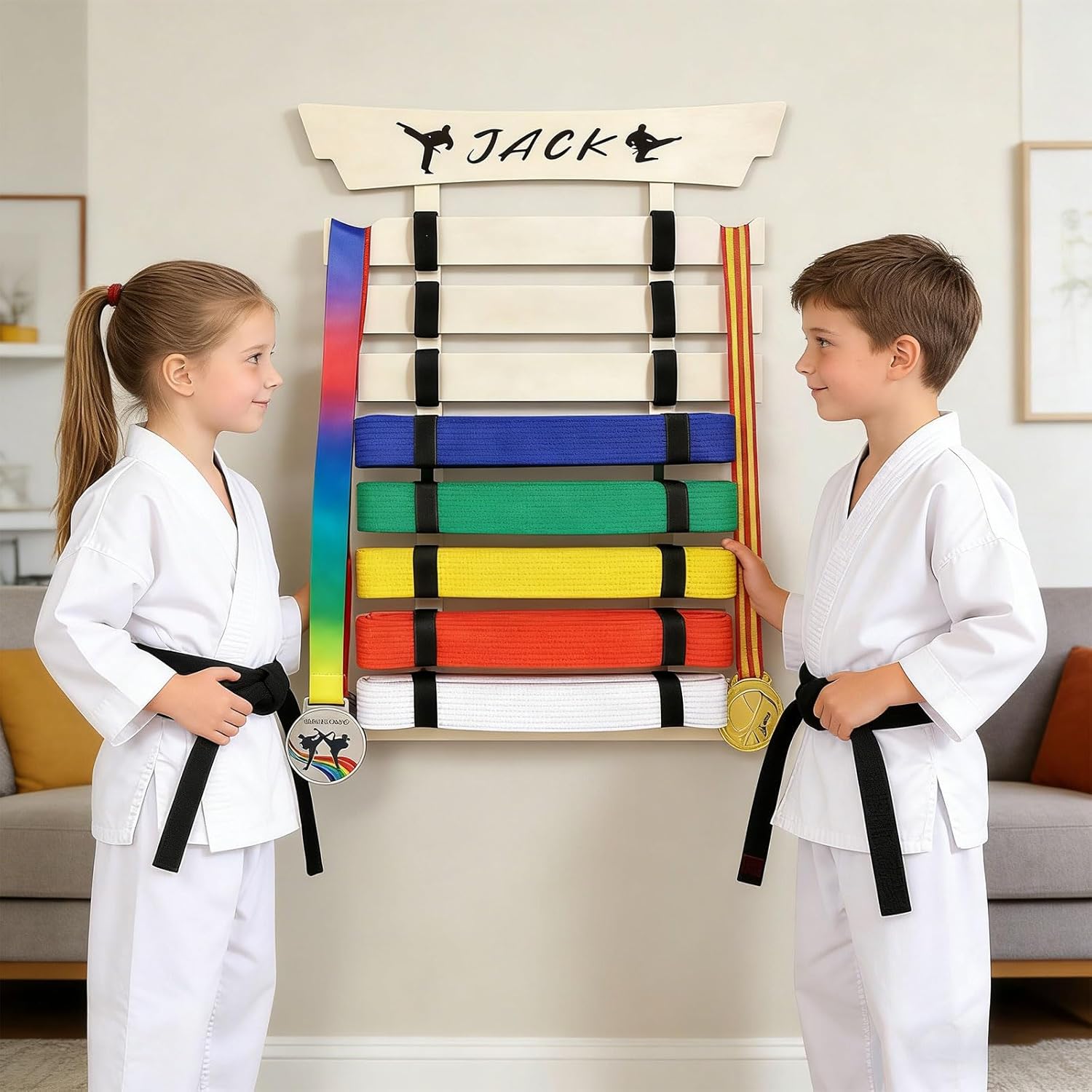 Home Gym Martial Arts School Wood Karate Belt Display Stand Multiple Tiers Organizers Accommodates 8 Belts Belt Organizers for Home