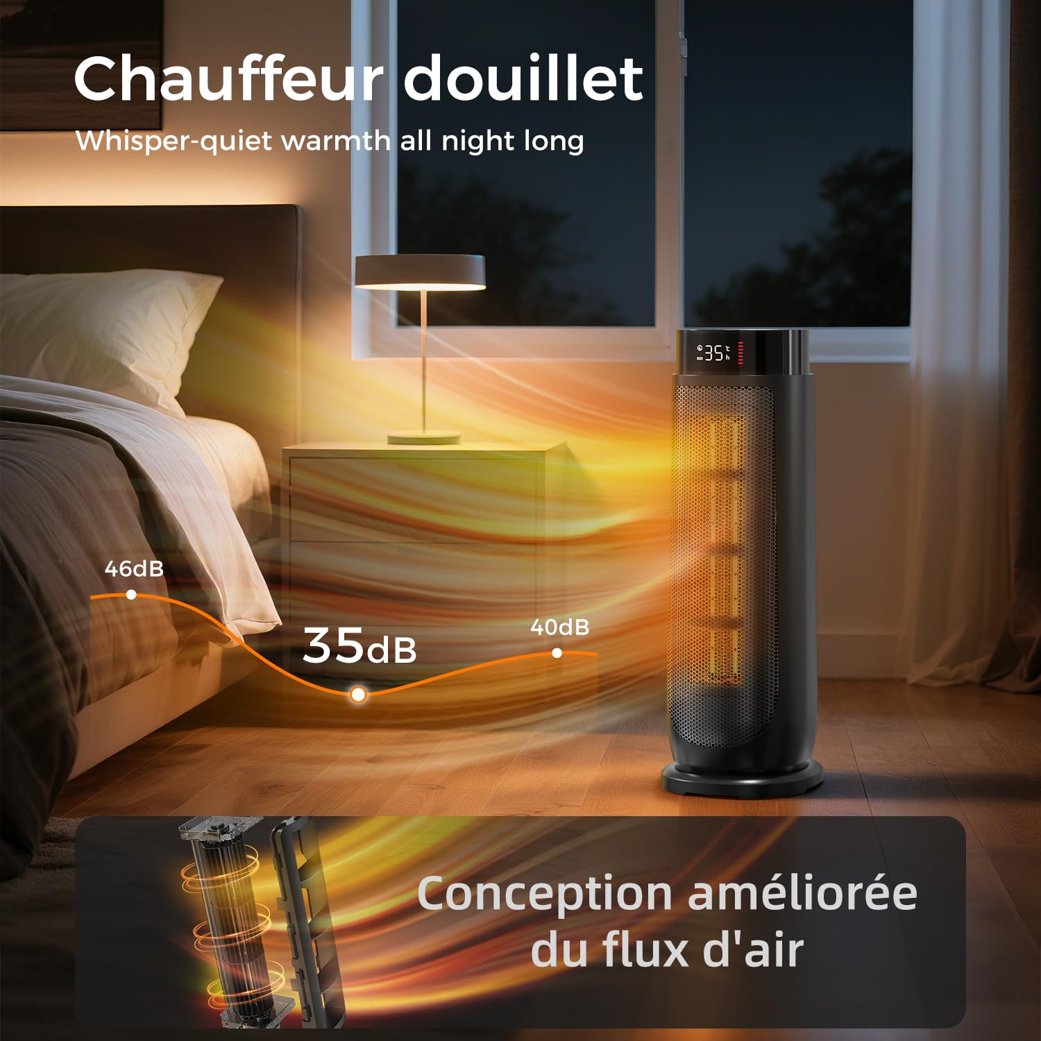 Aroeve Chauffage d'appoint, PTC 2000W Chauffage Electrique, 4 Modes dont Éco, Oscillation 90°, Minuterie 24H, Télécommande, Puissant et Silencieux avec, Protection contre Surchauffe et Chute pour la M