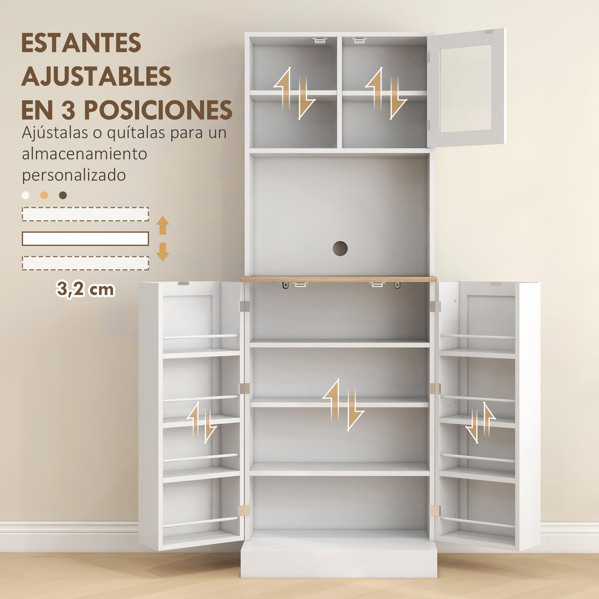 HOMCOM Alacena de Cocina, Armario de Cocina con 3 Puertas, Estantes Regulables y 8 Compartimentos en la Puerta, para Salón, Comedor, 60x35x169 cm, Blanco