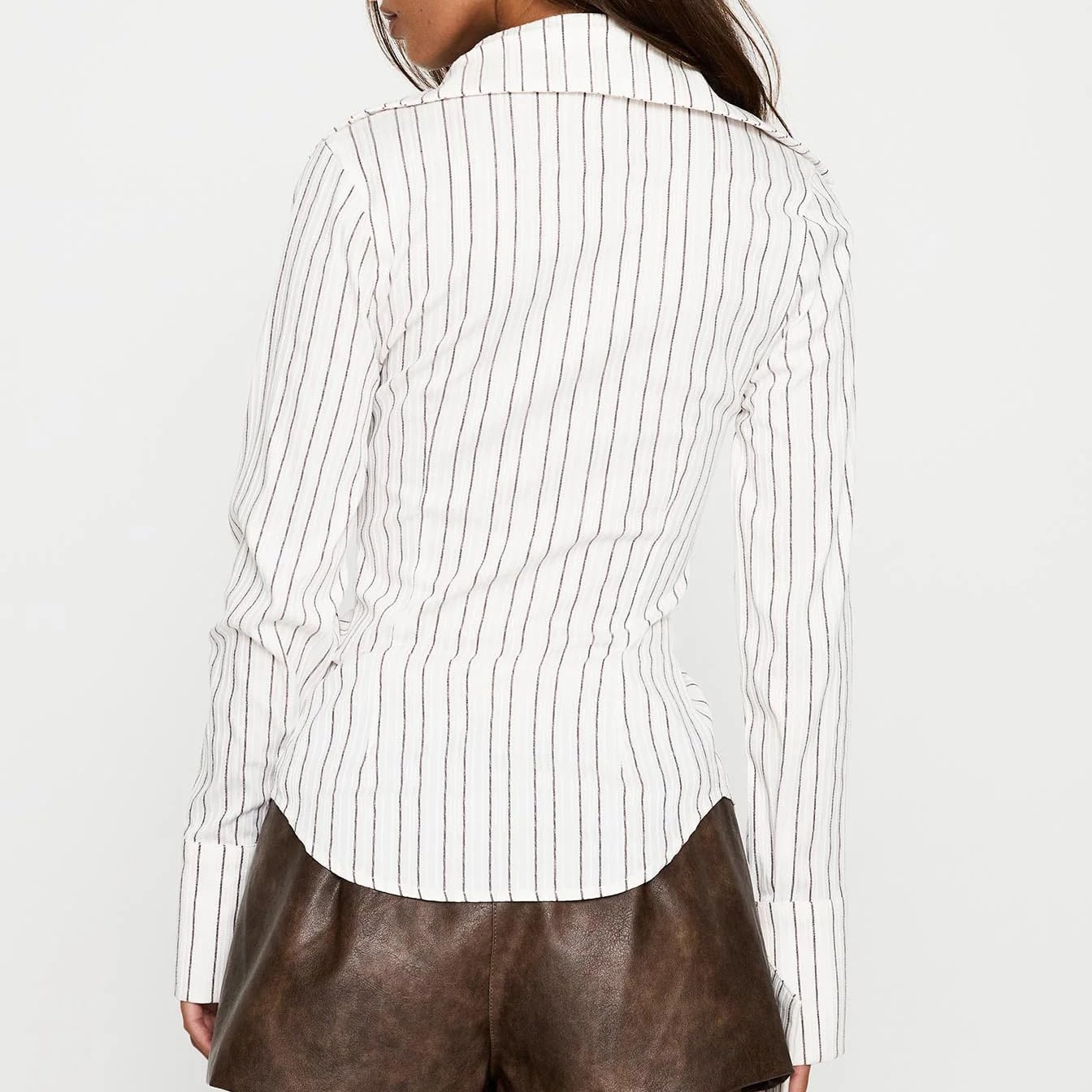 Women Y2K Long Sleeve Button-up Shirt Coquette Collared Work Office Slim Fitted Crop Top Fall Vintage Trendy Blouse - Image 5