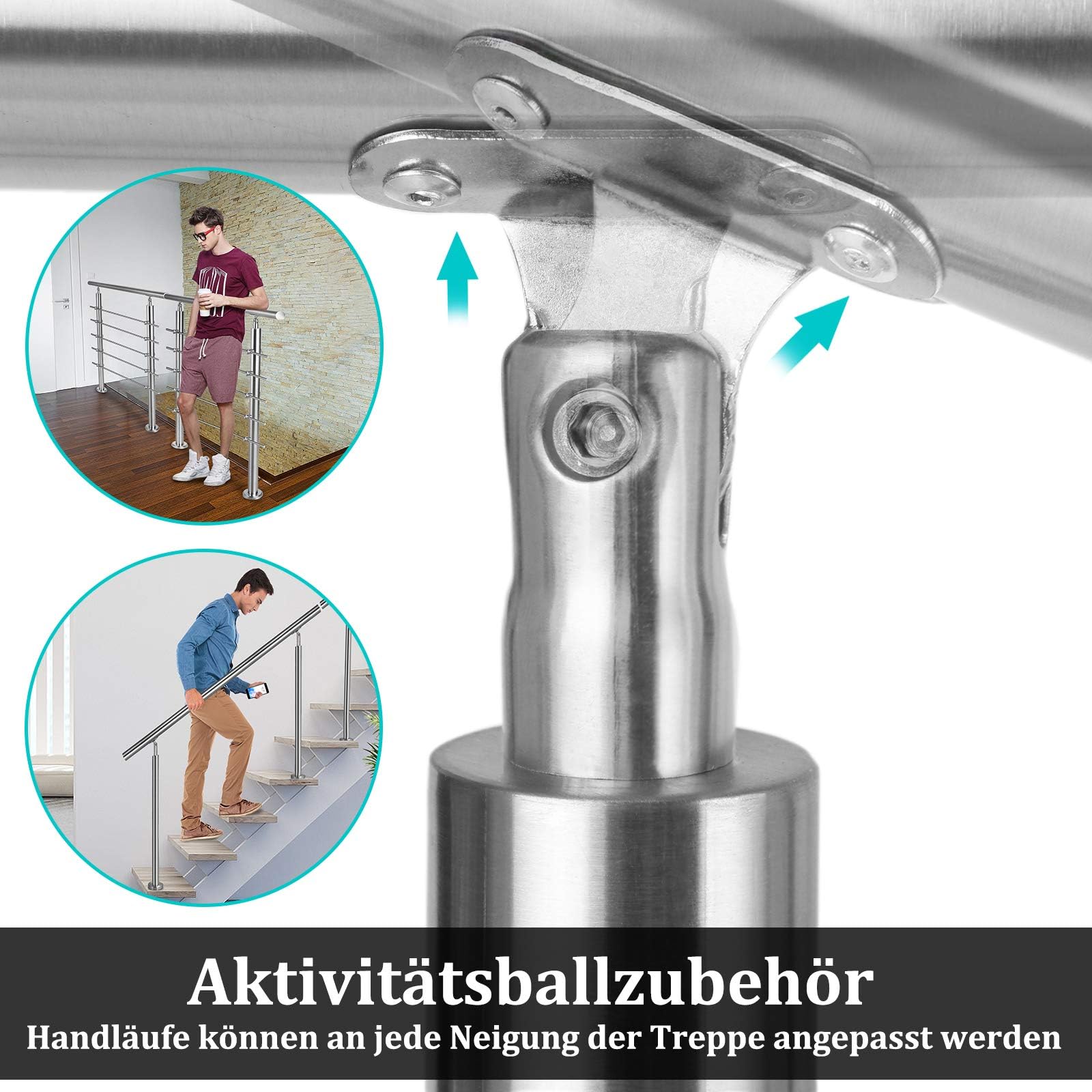 Froadp 100cm Treppengeländer Edelstahl Winkelverstellbar Handläufe mit Kugelring und 2 Pfosten Innen Stange Geländer-Set für Treppen Terrassen Brüstung (3 Querstäbe)
