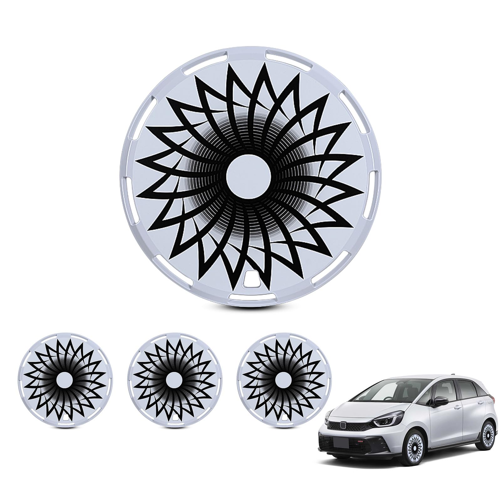 15" Universal Full-Size Hubcaps, 15 Inch Steel Wheels-White-Flower Bloom