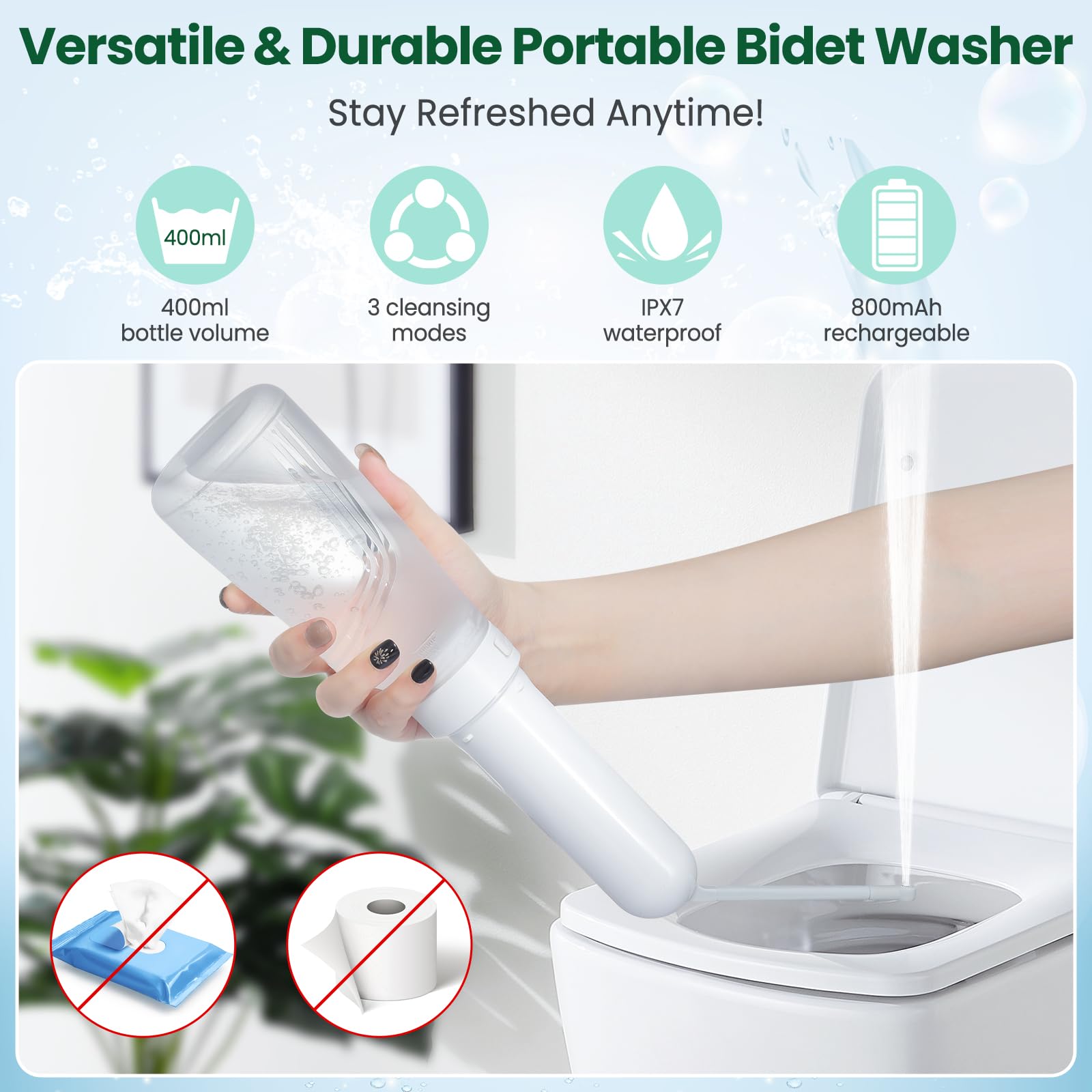 400ML Portable Bidet for Travel Toilet Electric Peri Bottle with 3 Spray Modes IPX7 Waterproof Rechargeable Handheld Bidet — view 2