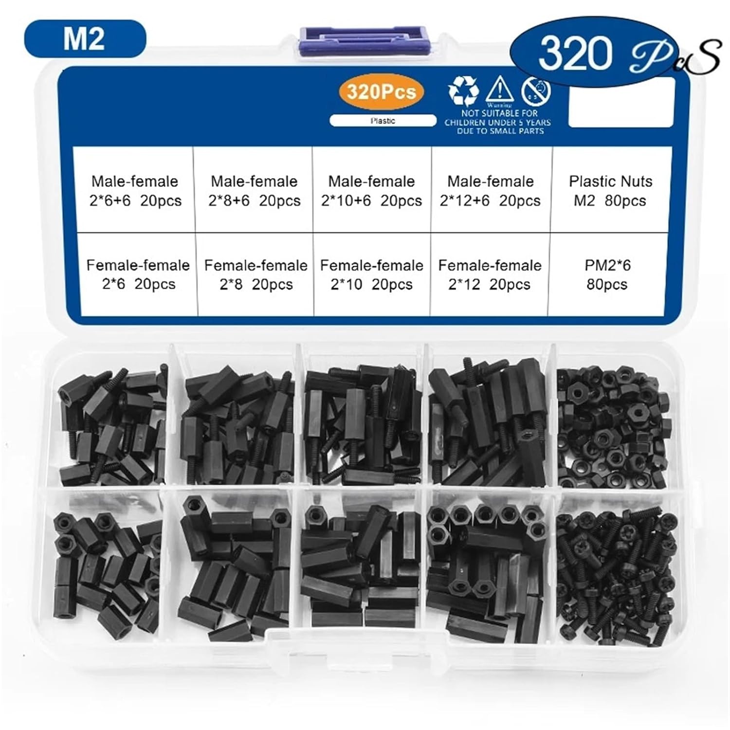 2SETS Male/Female Nylon Hex Standoff Assortment Kit with Plastic Screws Nuts M2 M2.5 M3 M4 Insulation Spacer Set(M2 320pcs)