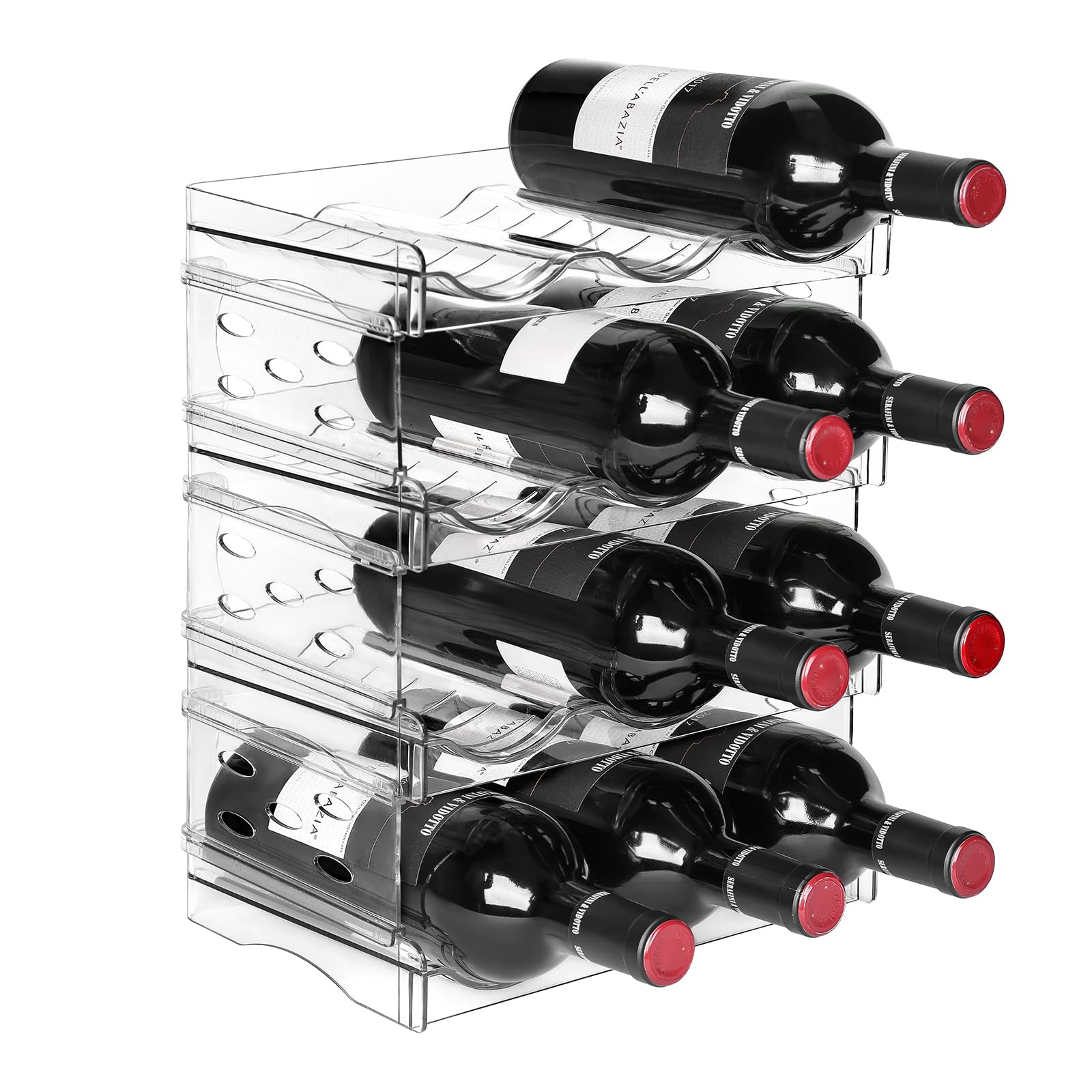BoxedHome Weinregal Stapelbar Wasserflasche Organizer Kunststoff Flaschenhalter Schrank Organizer Aufbewahrung für Gefrierschrank Schrank Speisekammer (4 Etagen 12 Flaschen)
