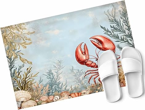 Marine Life Door Mat Indoor Entrance 31.5"x20", Red Lobster Shell Coral Non Slip Front Door Mats Washable Low-Profile Absorbent Doormat for Inside Floor Entryway Laundry Kitchen