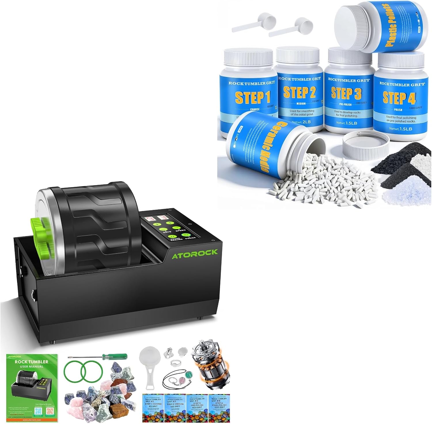 Extra Large 4LB Professional Rock Tumbler Kit with 10LB Rock Tumbler Grit and Polish Refill Media Kit, Included Full Accessories