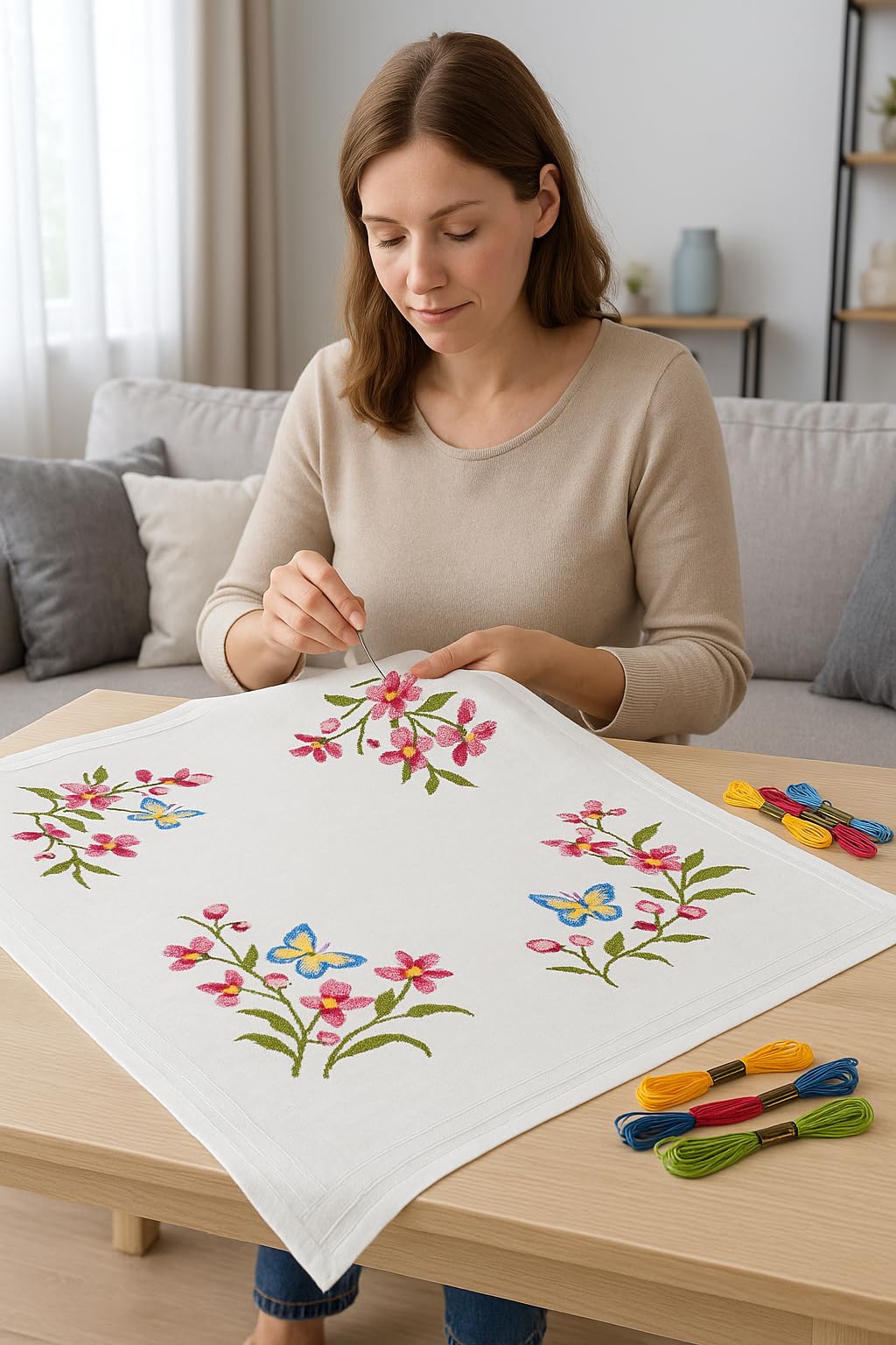 KAMACA Kit da ricamo, tovaglia a punto piatto con motivo floreale, tela prestampata incl. filo da ricamo, schema di ricamo e istruzioni, kit da ricamo fai da te per adulti (Iris e Farfalle MD 80 x 80