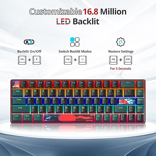 Miniatura 6 de Teclado mecánico compacto 65% para juegos, interruptores rojos lineales retroiluminados con LED, mini teclado con cable para computadora portátil de