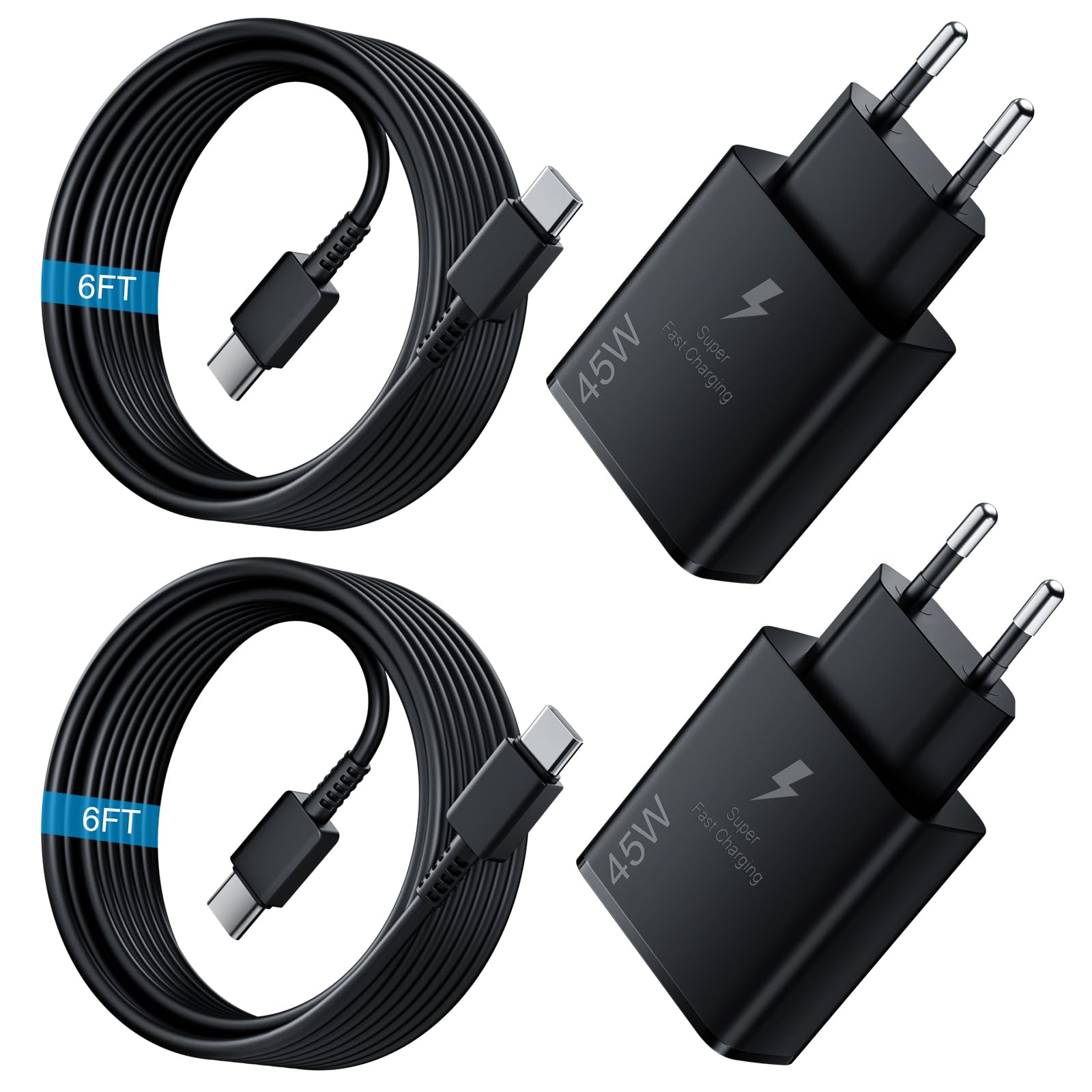 Caricatore rapido USB C da 45 W con cavo di tipo C da 2 m per Samsung Galaxy S25, S24+, S24 Ultra, S23+, S23 Ultra, S22, Note20, A54, A53, Z Fold5, Fold4, Tab, adattatore di alimentazione USB C