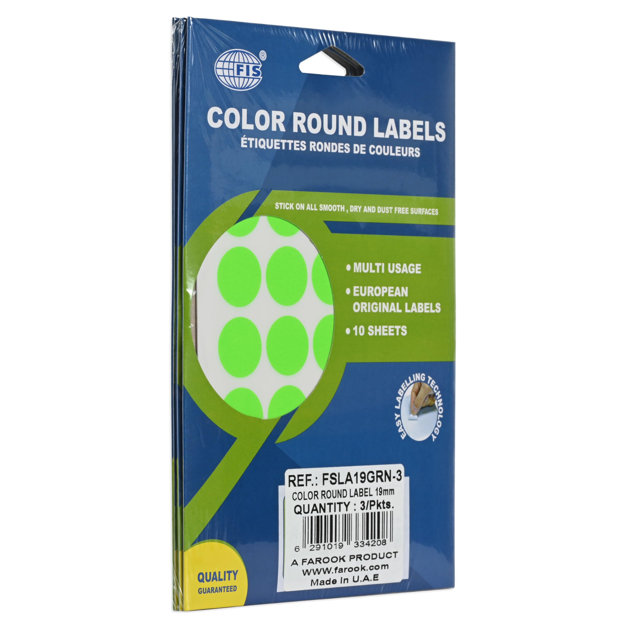 FIS® Color Round Labels, 19mm Sticker, 35 Labels Per Sheet, 10 Sheets Per Packet 350 Labels, 1,050 Labels/Packet of 3, Fluorescent Green Color-FSLA19GRN-3