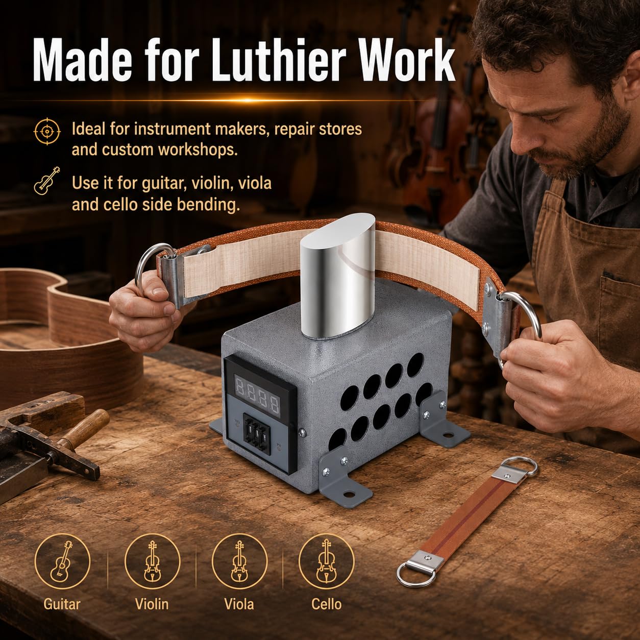 Curvador lateral con cinturón para guitarra, violín, violonchelo, visualización digital de temperatura de 0 a 280 °C, control de temperatura constante, protección contra sobrecalentamiento