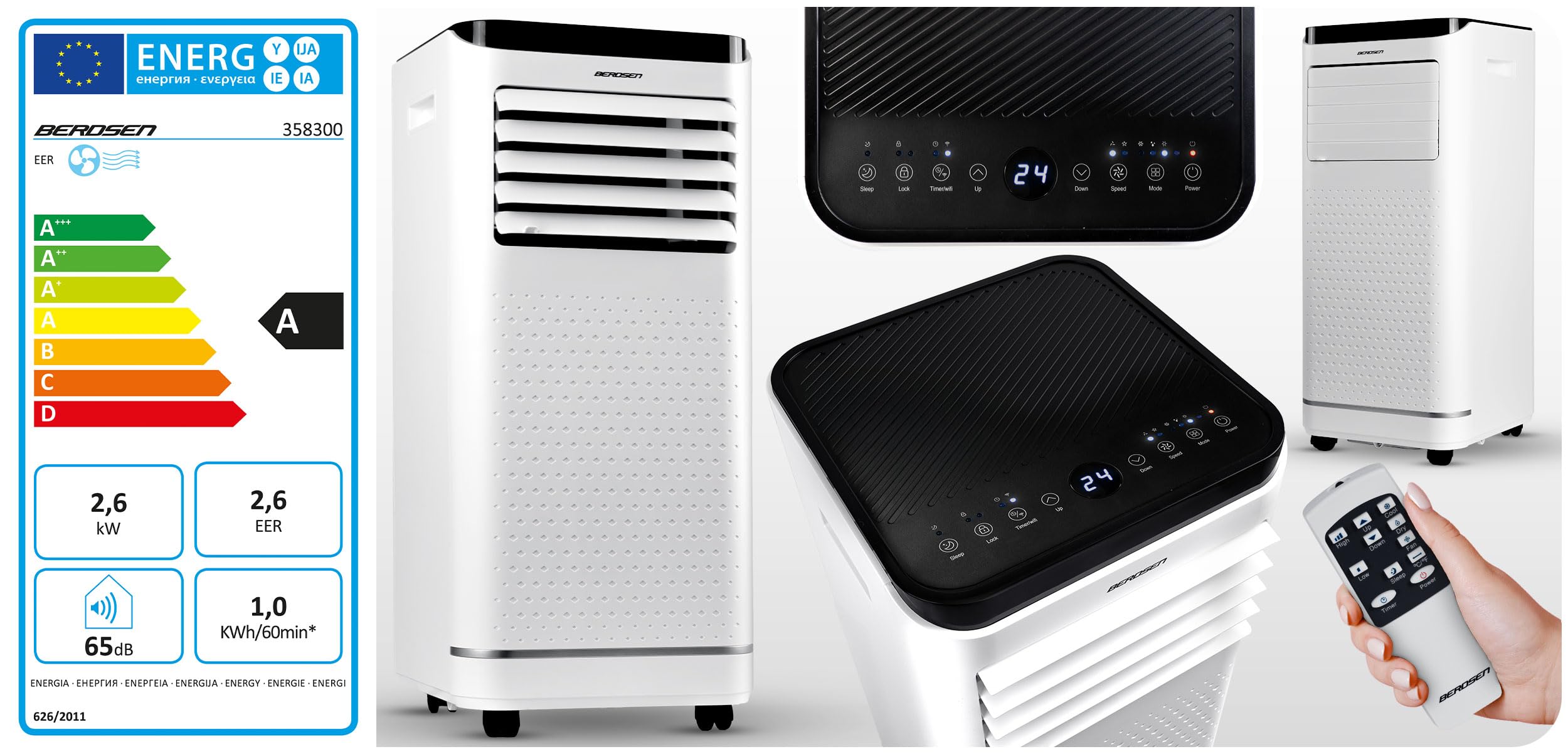 Berdsen Condizionatore portatile 9000 BTU - 4 in 1 con ventola, deumidificatore, modalità sleep - Tuya Smart App - Efficienza energetica