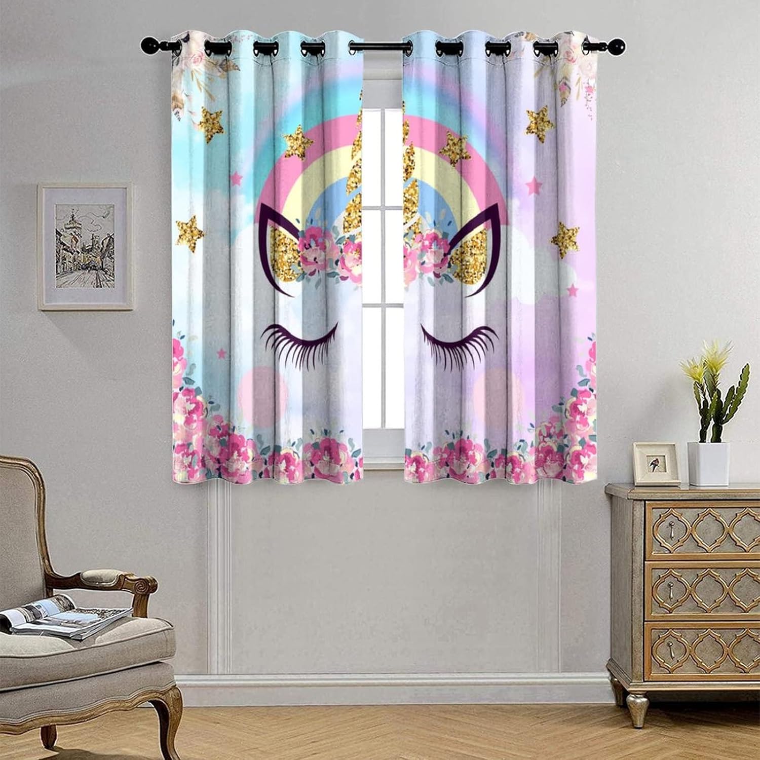 Cartoon Unicorn Ultra Soft Premier Blackout Curtains,Cute Rainbow Girly Pink Animal UnicornThermal Insulated Bedroom Noise Reducing Patio Door Grommet Top,2 Panels 63L x 27.5W