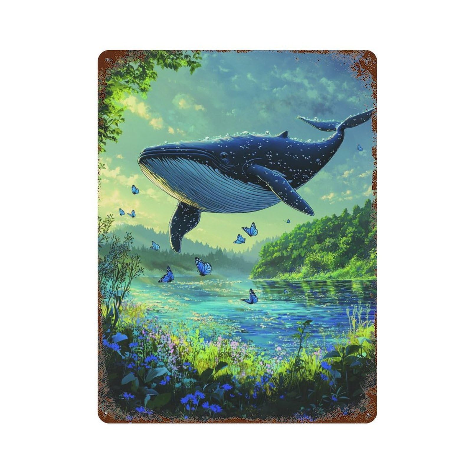 Whale in Fantasy Forest Decorative Tin Sign 15.7"x11.8", Ideal for Garage, Bar And Workshop Decor