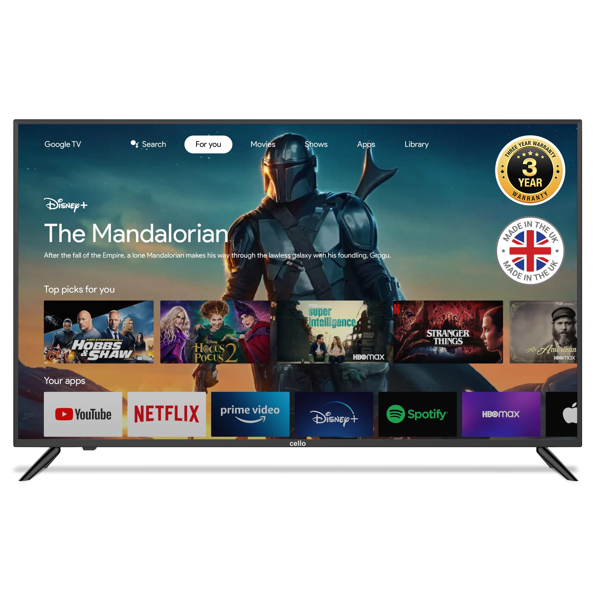 Cello 55 Inch 4K Uhd Smart Android Tv With Freeview Play, Disney+, Netflix, Prime Video, Apple Tv+, Bbc Iplayer. Made In The Uk