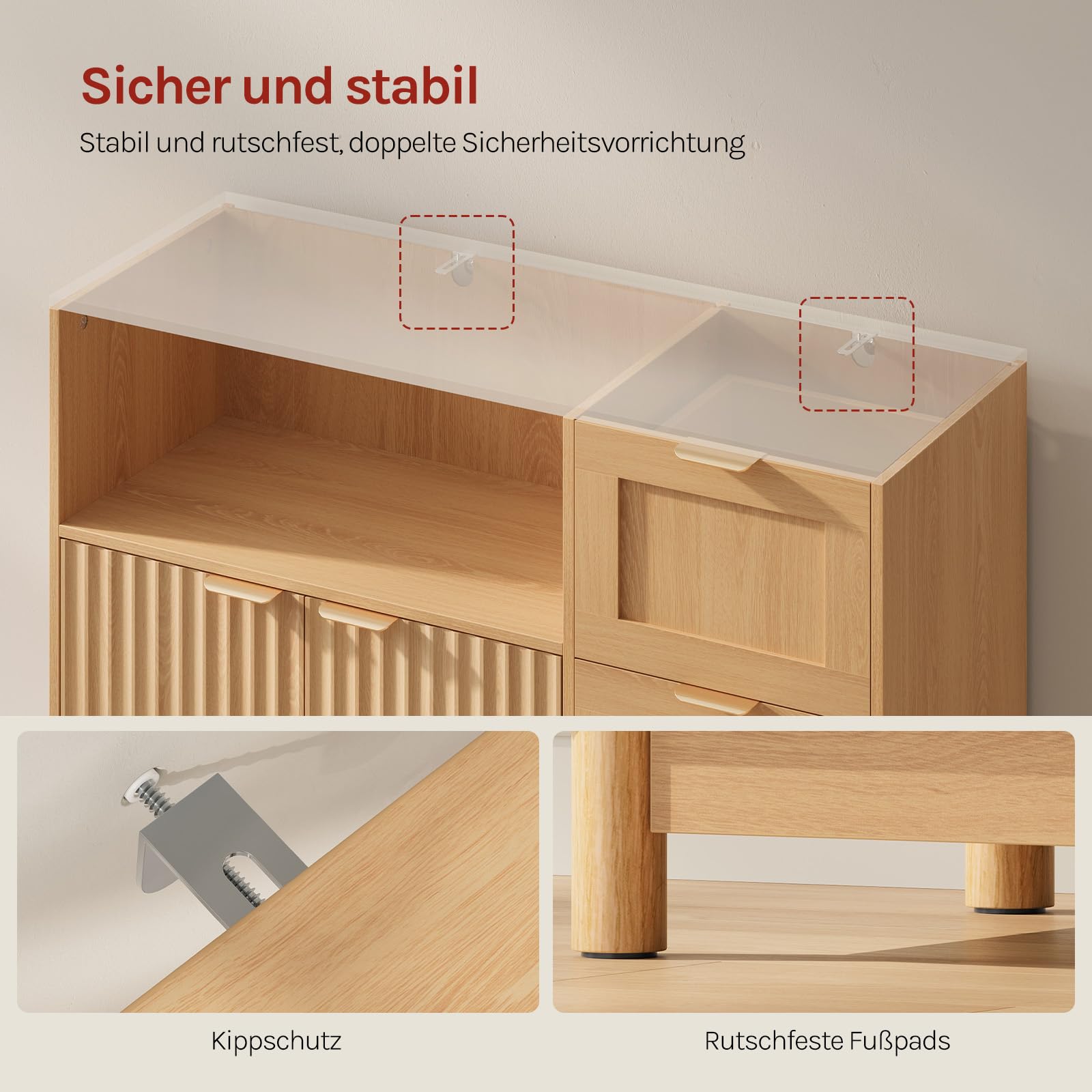 WOLTU Sideboard, Küchenschrank mit 3 Schubladen, Kommode Küche mit Türen, Verstellbarer Ablage, aus Holzwerkstoff, für Küche Wohnzimmer Flur, 90x80x35 cm, Holzoptik