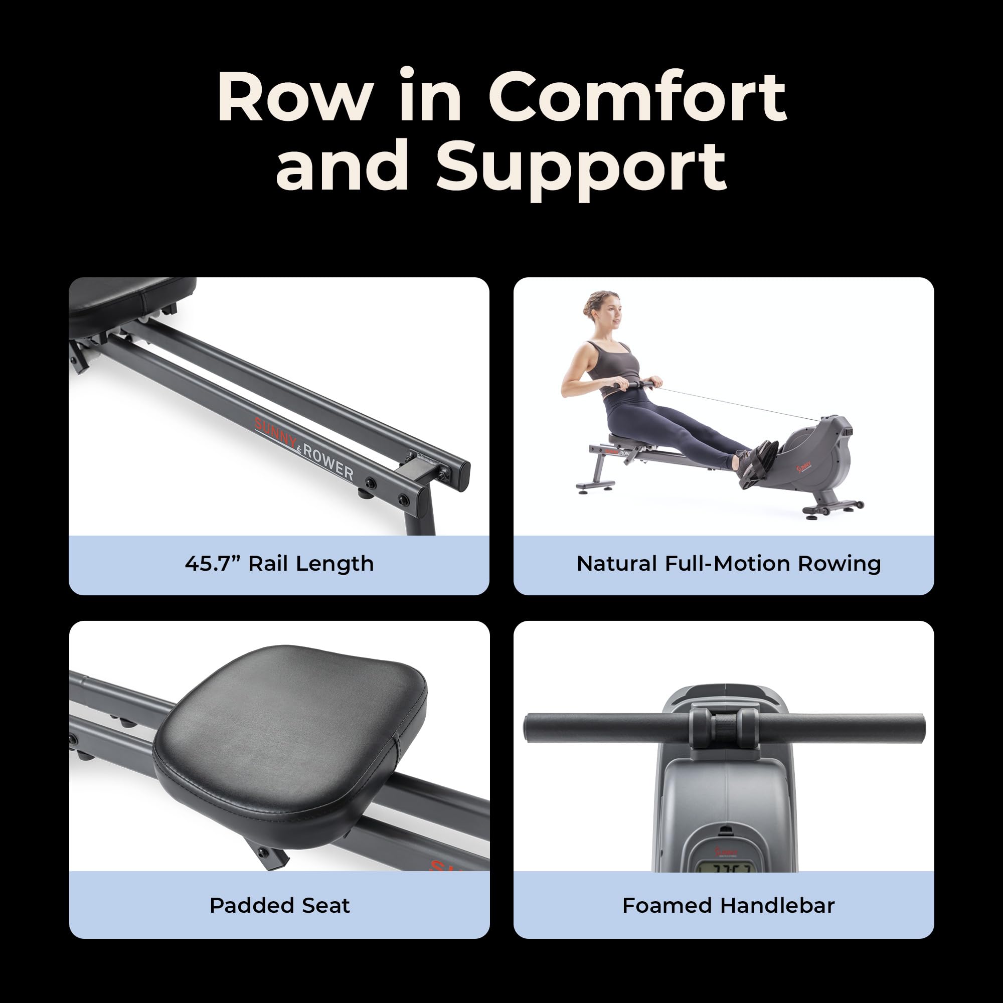 Sunny Health & Fitness Magnetic Rowing Machine, Extended-Rail Home Rower view 5