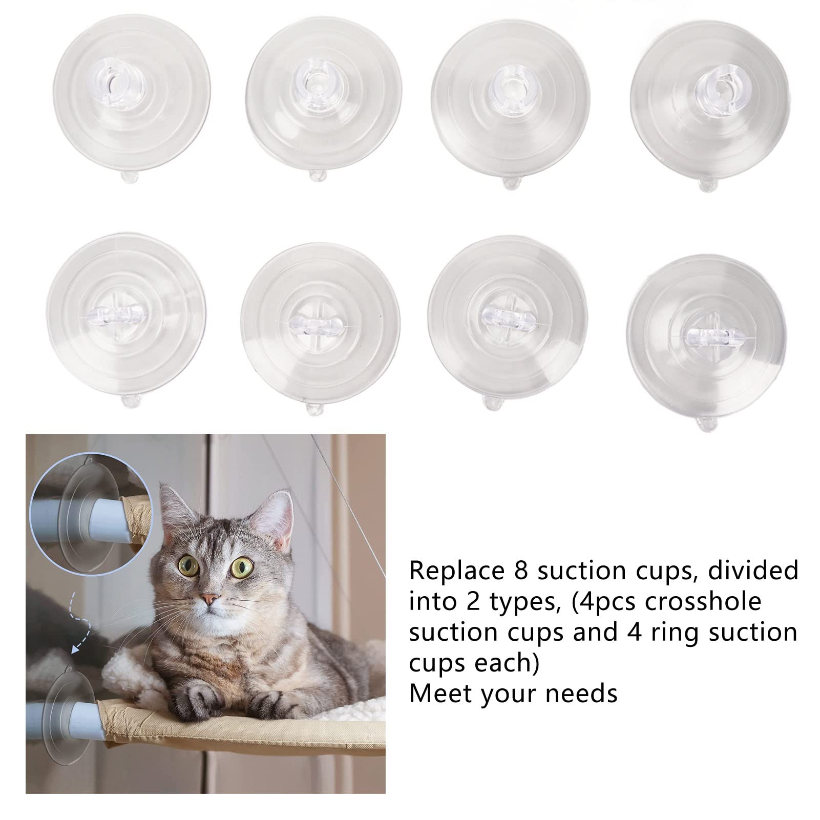 8 Replacement Suction Cups, Crosshole Ring, PVC Cat Window Perch Suction Cup with Strong Suction Power, 3.15in 3.35in, for Hanging Cat Window Hammocks, Beds, Seats, and Perches