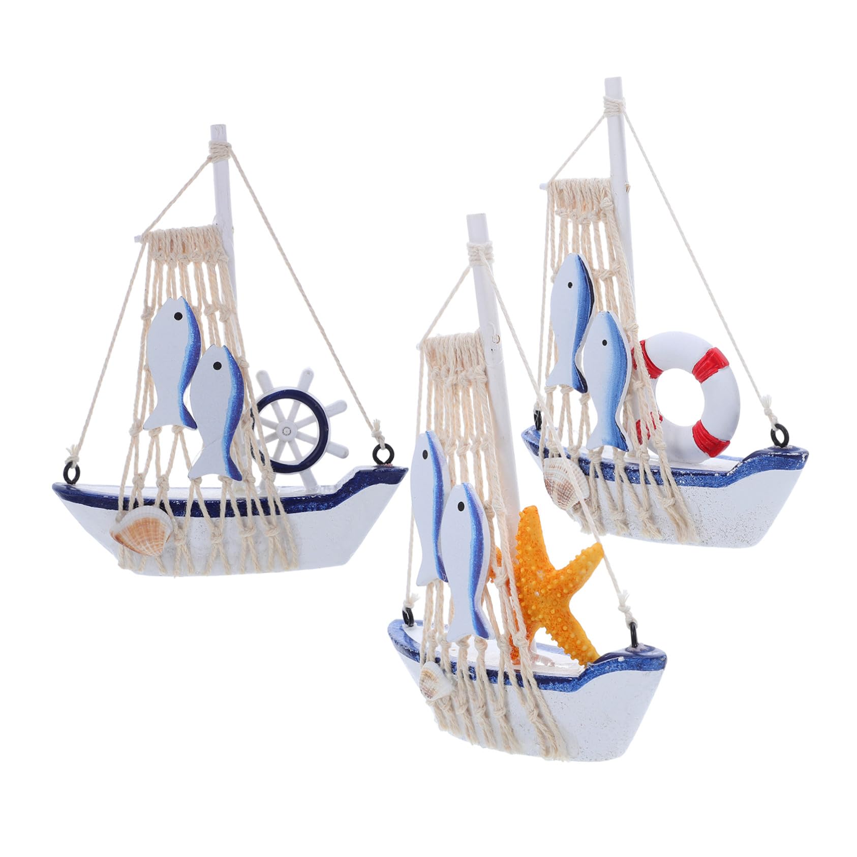 Barco de vela de madera set de 3 figuras decorativas como regalo original para amantes del mar