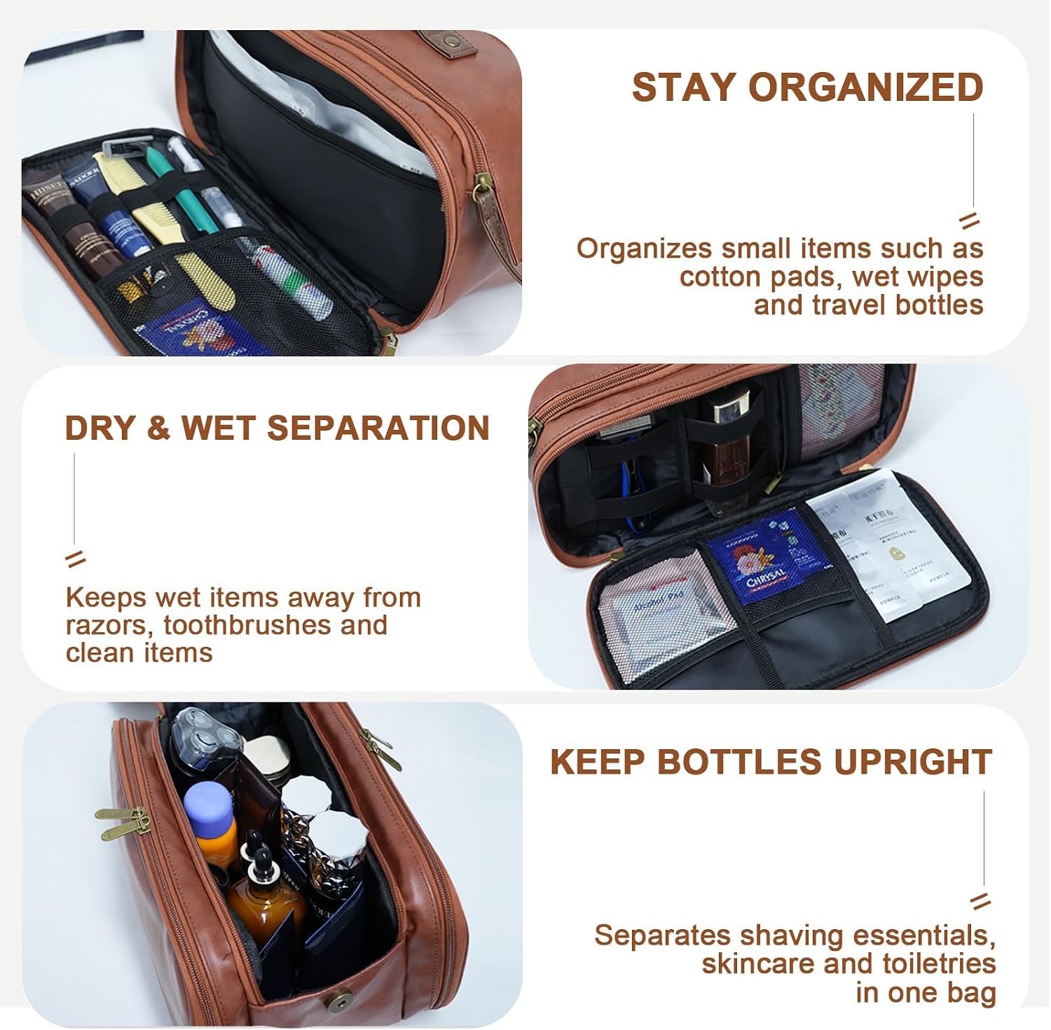 Large Capacity Shaving Toiletry Bag,Waterproof Leather Dopp Kit, Men(Brown image 4