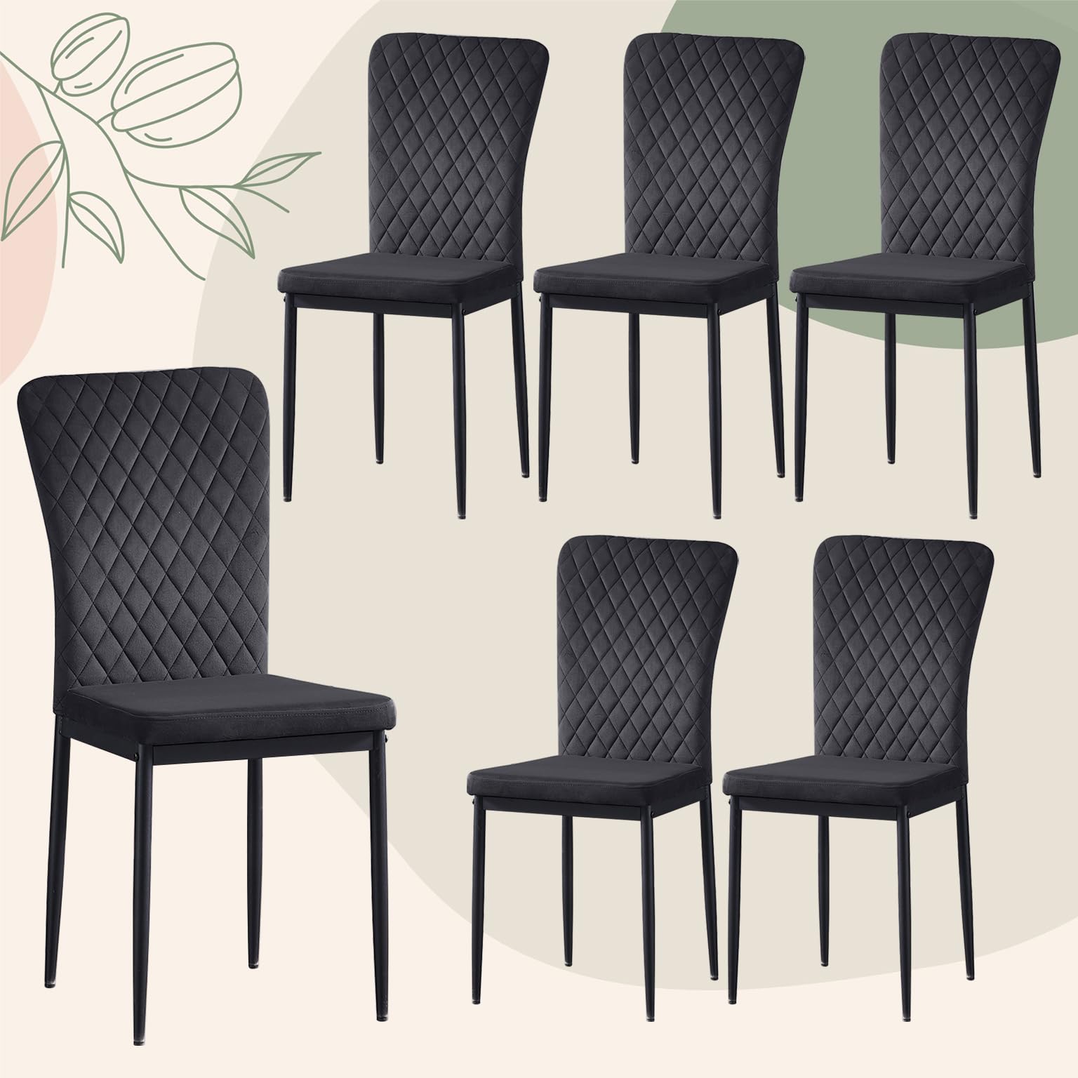JaHECOME Velvet Dining Chairs Set of 6 Kitchen Living Room Chairs High Back Upholstered Padded Seat Metal Legs(6,Black)