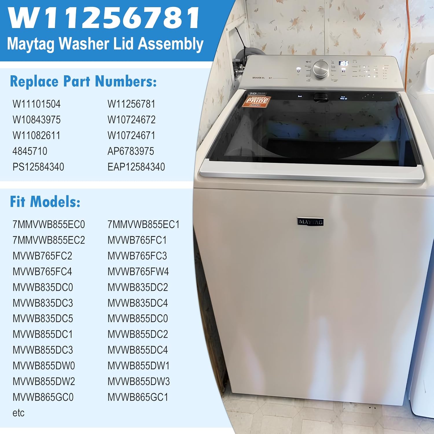 UPGRADED W11256781 Washer Lid Assembly Compatible With Maytag Cabrio Washer Lid Replacement,WP8572974 WP8563965 Right & Left Lid For Whirlpool Washing Machine Lid Parts(MVWB855 MVWB765 MVWB835)