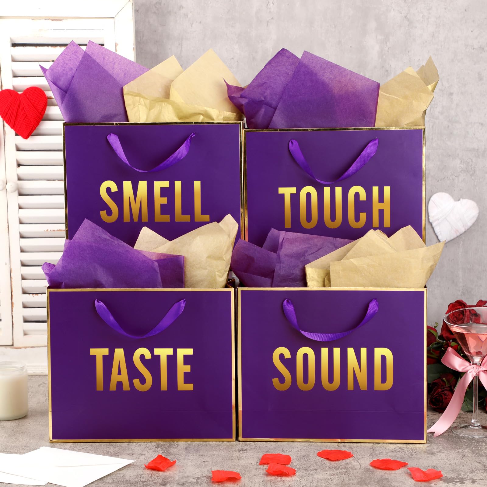 Kolldenn 5 Senses Gift Bags for Him Her Five Senses Gift Bag with Ribbon Handles and Tissue Paper Present Wrappings for Valentine Wedding Birthday Mothers Day(Dark Purple,11.8 x 10 x 4 Inch)