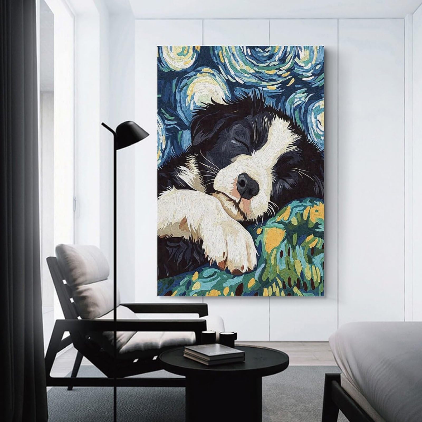 Junmoney Unframe-Style-24 Canvas Wall Picture Sleeping Border Collie Starry Night, 20X30inch(50X75cm), For Bedroom, Lounge Or Dressing Area, Stylish Decor For A Restful Room Update
