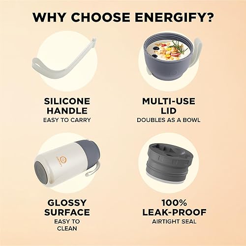 Miniatura 5 de ENERGIFY Tarro de comida aislado al vacío. Tazón grande de 24 onzas con cuchara plegable, taza. Boca ancha para mantener bebidas calientes y frías,