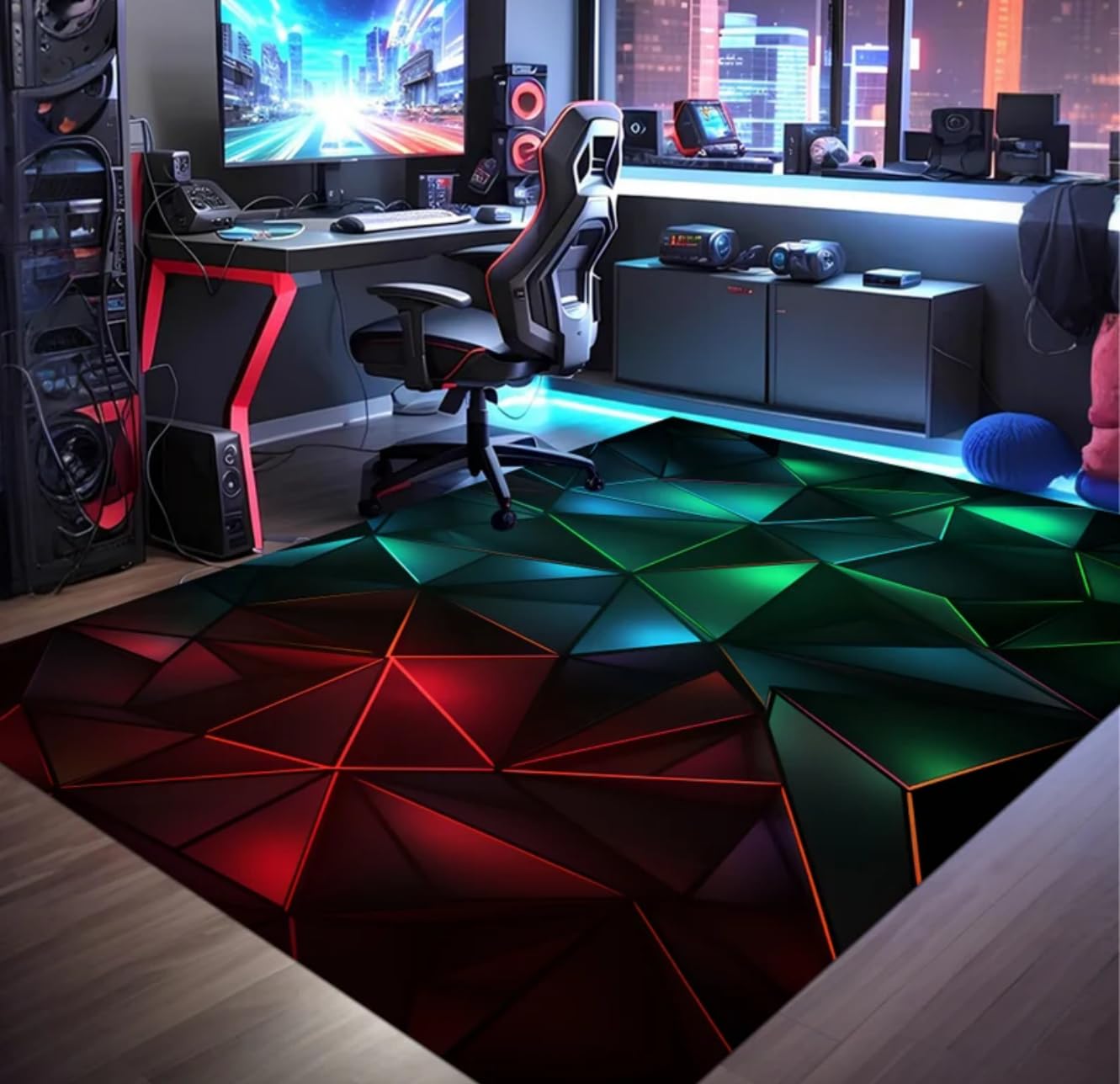 Gaming Teppiche, 3D Vision Geometrie Neon Spiele Bereich Teppich für Jungen Teenager, Gamer Teppich für Kinderzimmer, Rutschfest Teppich Geeignet Für Schlafzimmer E-Sport Zimmer, 160x200 cm, Rot Grün