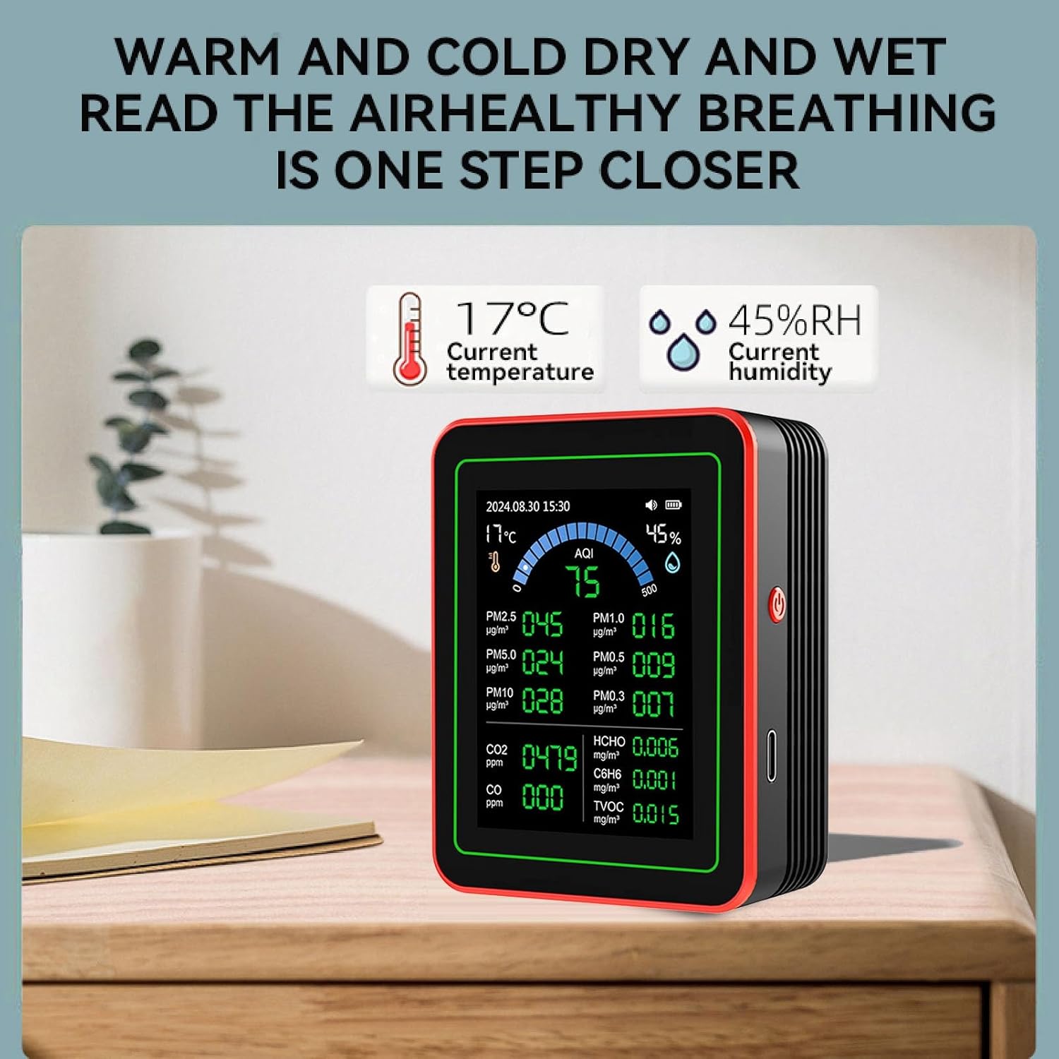 Zhjvihx Indoor Air Quality Meter, 18 in 1 CO2 TVOC HCHO PM2.5 PM10 Temp Humidity Data Storage Black, with 2.8in HD Screen 7h Battery, Highly Sensitive Sensors, Data Curve Display - Image 8