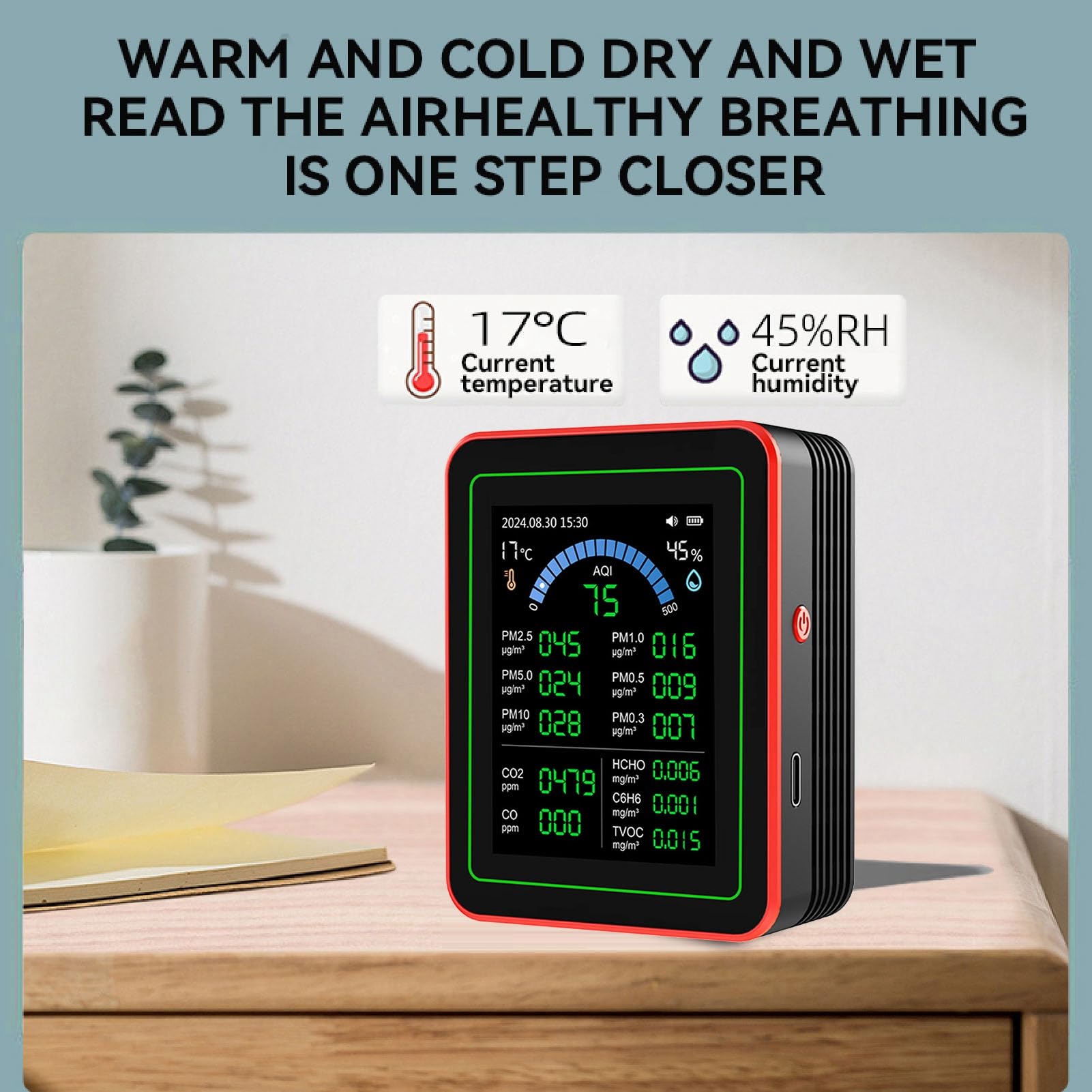 Cocoarm Medidor de Calidad del Aire Monitor Portátil de Calidad del Aire Interior con Sensores Infrarrojos y Semiconductores 18 en 1 CO2 PM2.5 TVOC HCHO Temperatura Humedad para el Hogar Coche Hotel