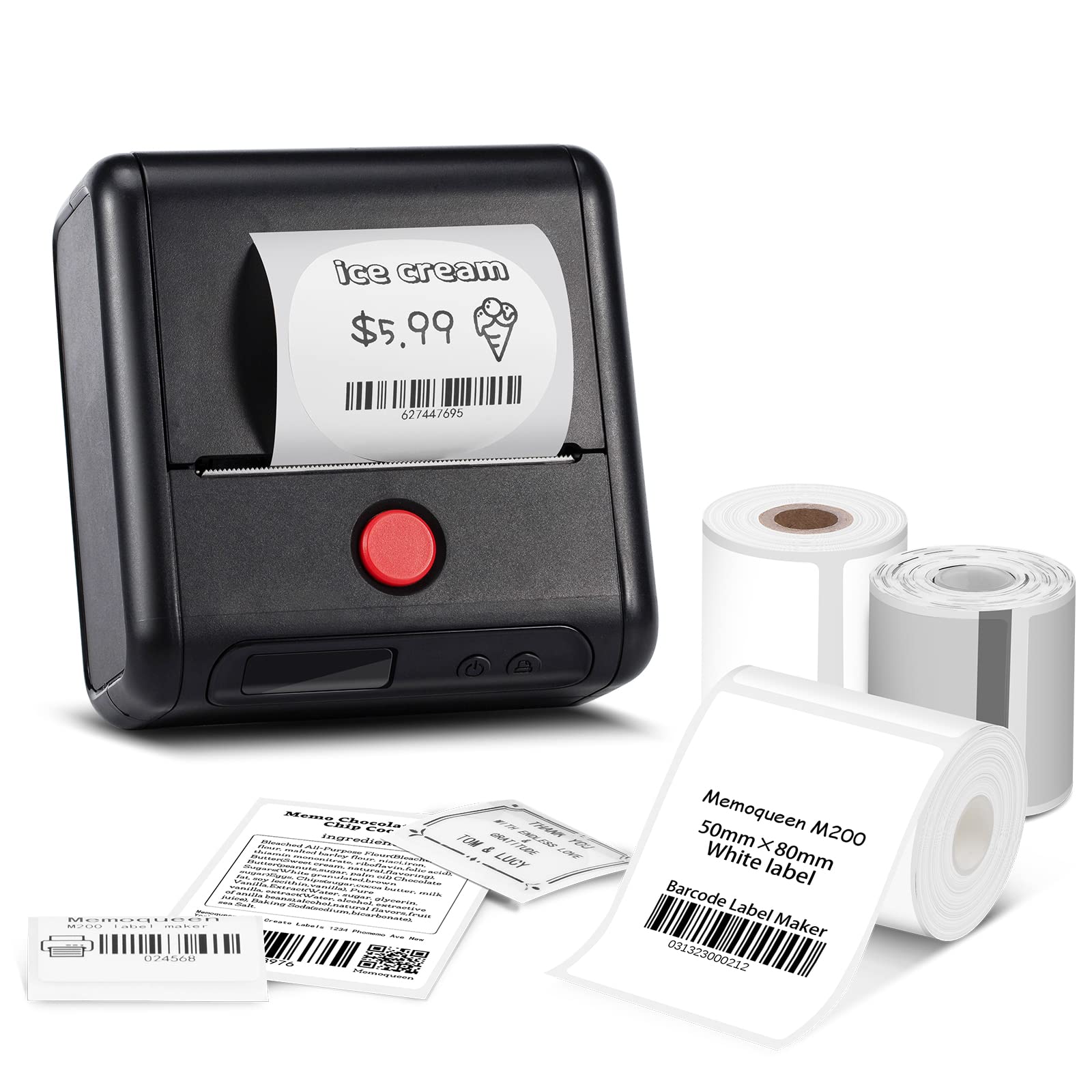 Memoqueen Portable Label Maker M200 3 Inch Barcode Label Printer with 3 Tapes Bluetooth Thermal Label Makers for Clothing Labeling, Address, Compatible with Phones & PC, Black