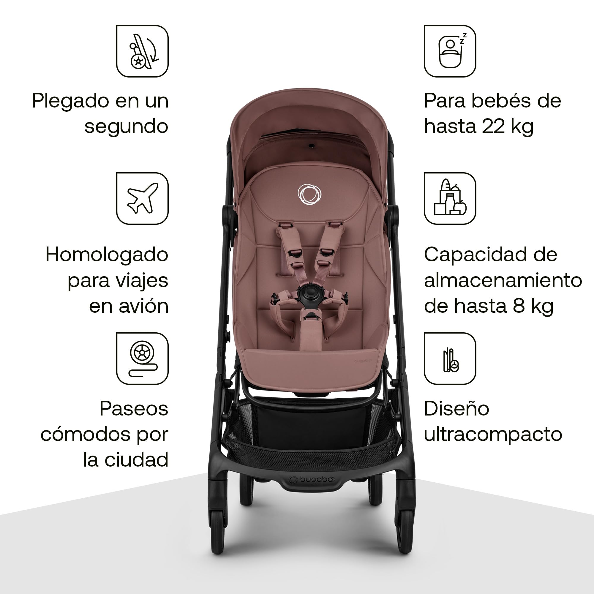 Bugaboo Butterfly 2 Silla de Paseo de Viaje – Pack con Barra de Seguridad y Cubierta para Lluvia – Ligera, Plegable a Una Mano y Asiento Reclinable, de 6 meses a 4 Años – Dusty Pink