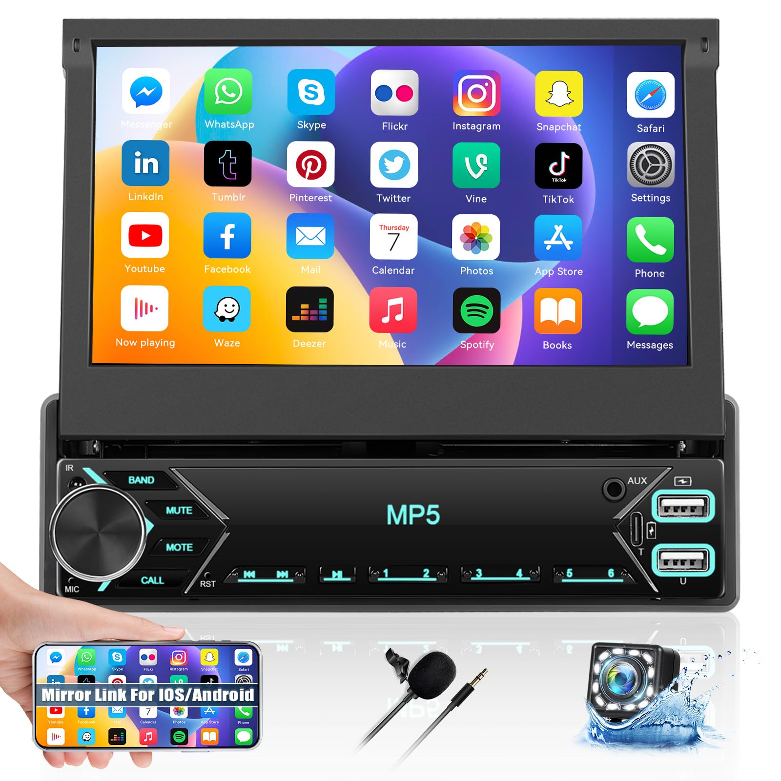 CAMECHO Autoradio 1 Din avec Mirror Link pour iOS/Android, 7 Pouces Extensible Écran Tactile Post Radio Voiture avec Radio FM EQ/USB/Type-C 7 Couleurs SWC & Caméra de Recul & Mic