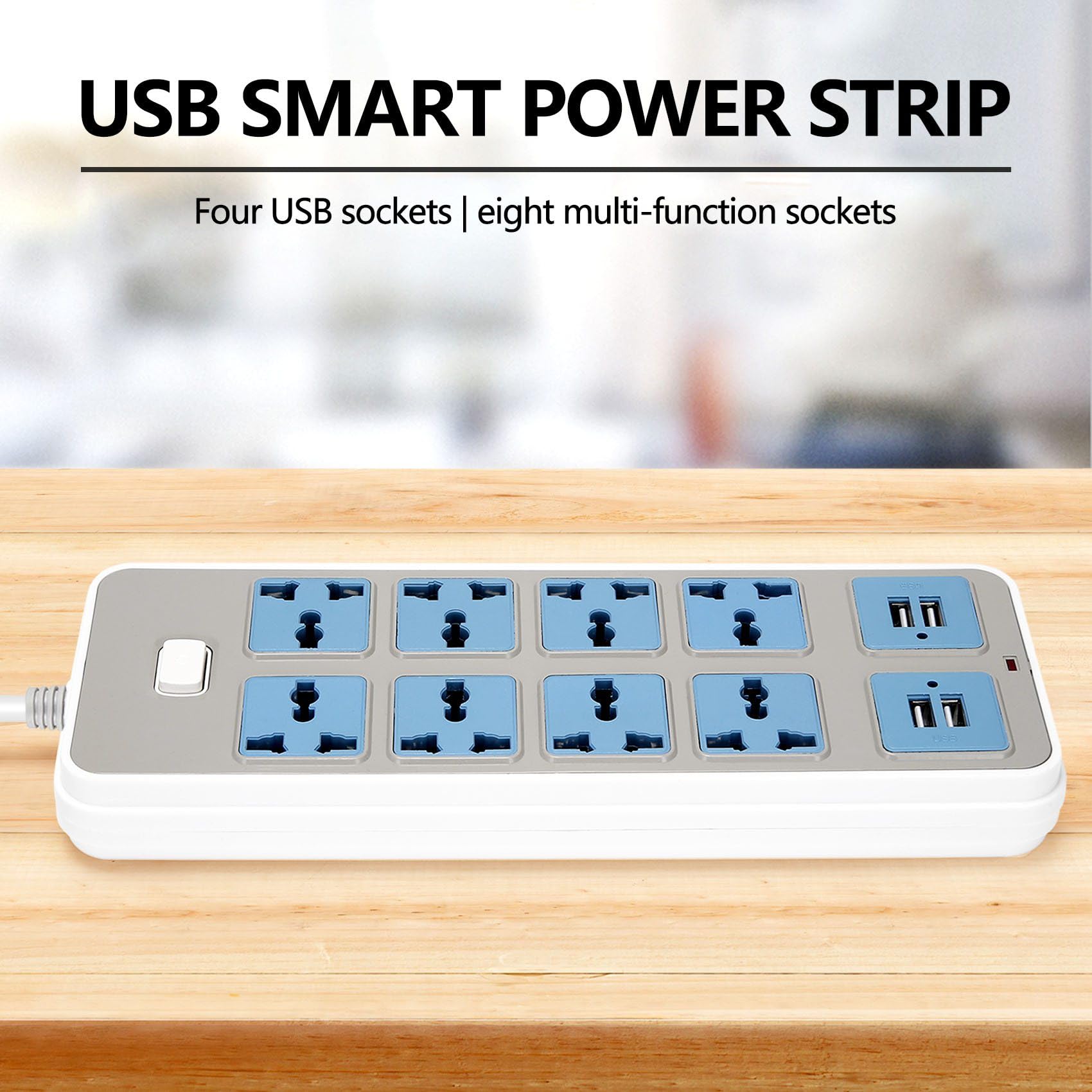 Listwa zasilająca z 4 gniazdami USB, 3000 W, 8 uniwersalnych gniazd, kabel zasilający 6,5 stóp, wtyczka EU