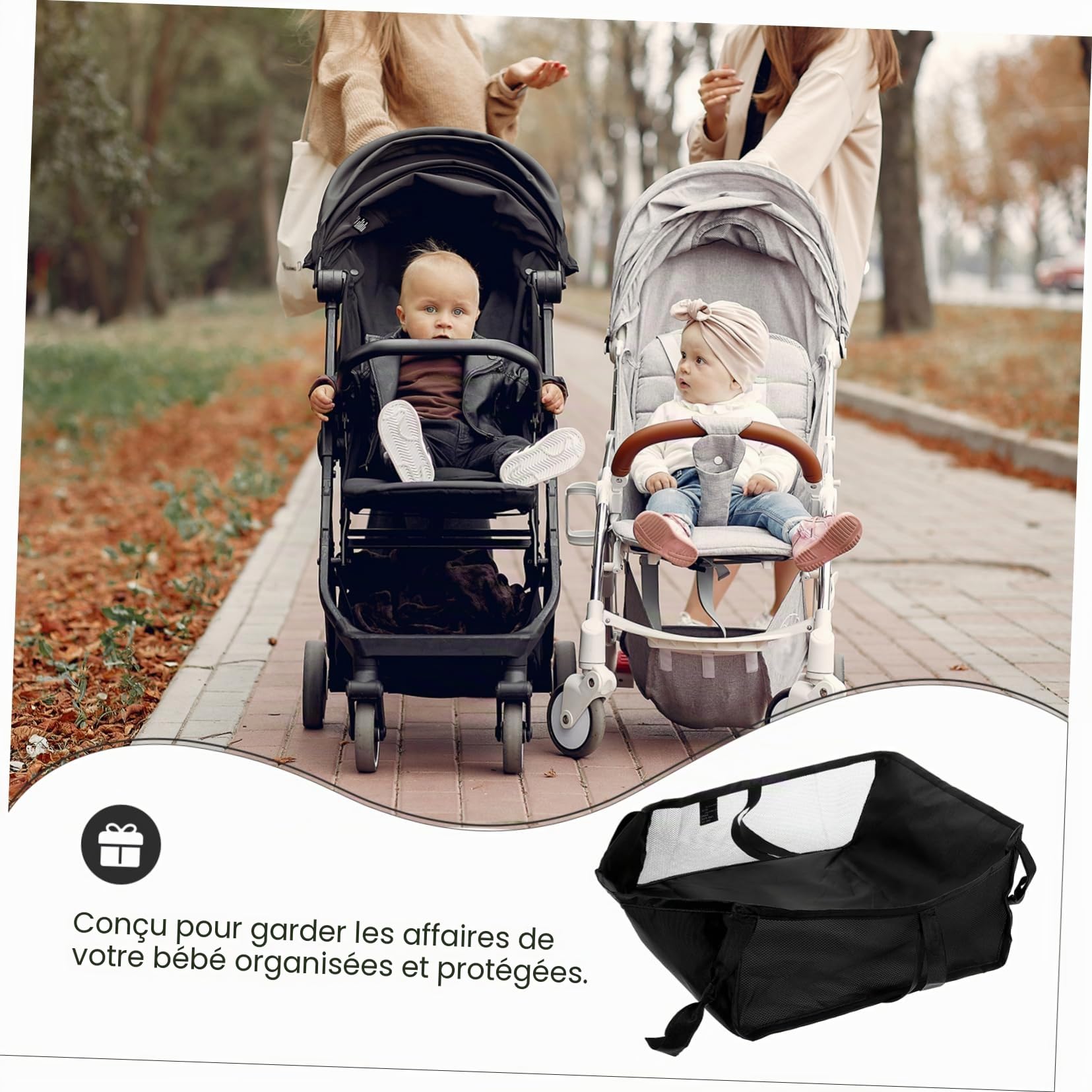 Panier de rangement en maille filet pour poussette - Panier inférieur robuste - Noir - Accessoires pour transporter bouteilles, couches, collations