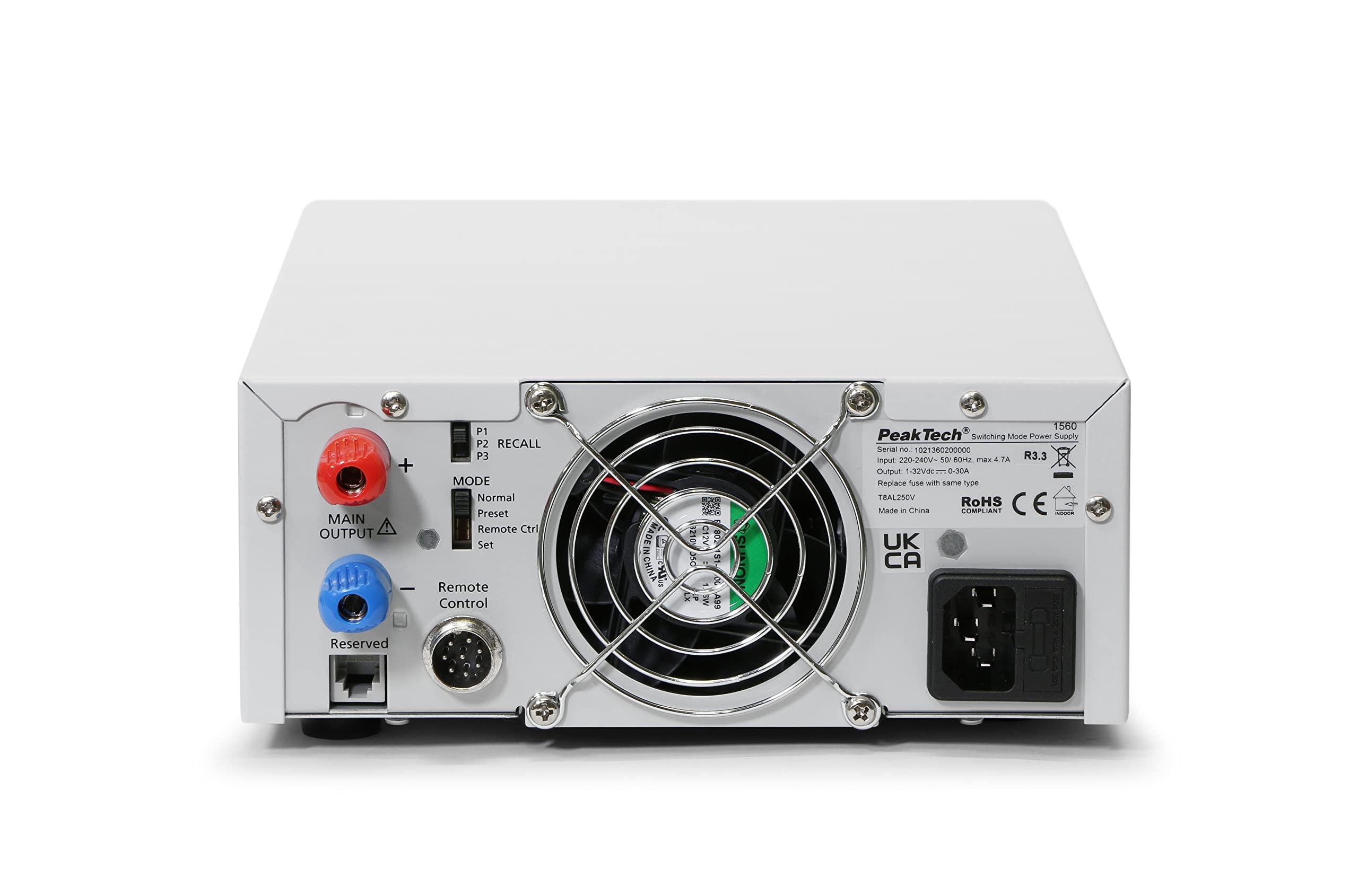 PeakTech 1560 – Generatore da laboratorio DC 1-32V/0-30A con display LED a 3 cifre, Alimentatori, 3 Preset registrabili, Protezione da sovraccarico - 200~240V AC